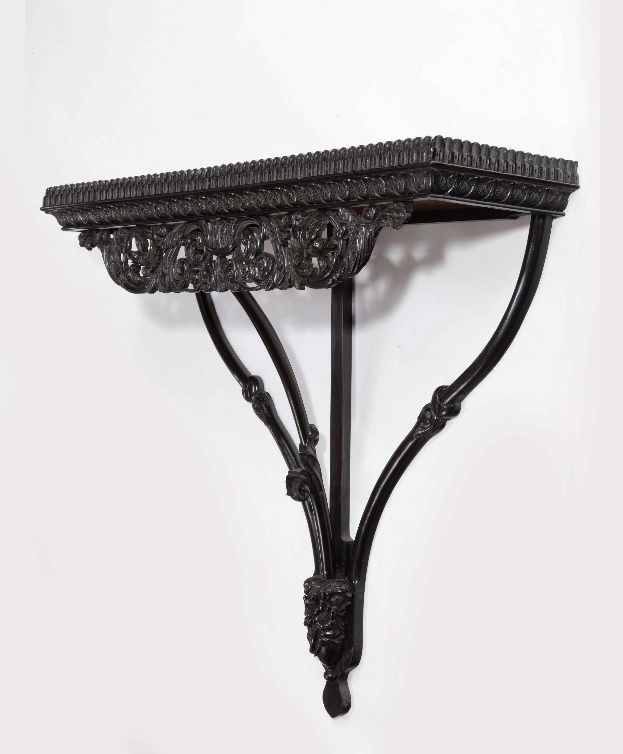 Anglo-Indian Rare Mid-19th Century Finely Carved Ceylonese Solid Ebony & Padouk Wall Bracket