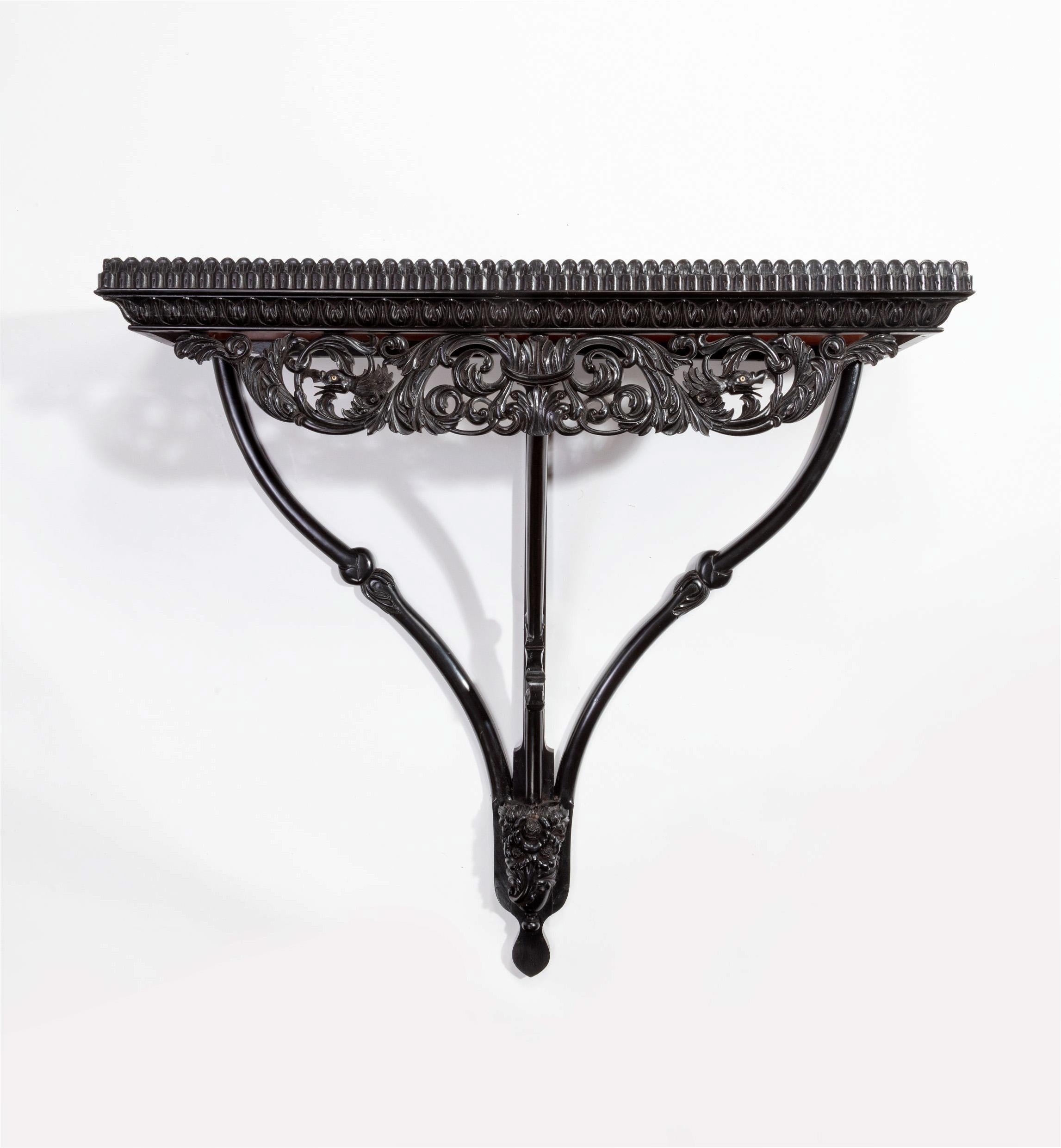 Rare Mid-19th Century Finely Carved Ceylonese Solid Ebony & Padouk Wall Bracket 1