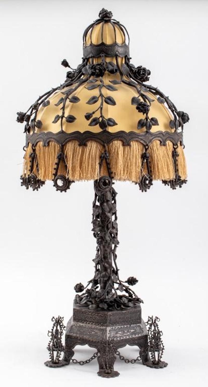Rare Mid-20th Century Bronze Iron Rose Motif Table Lamp For Sale 9