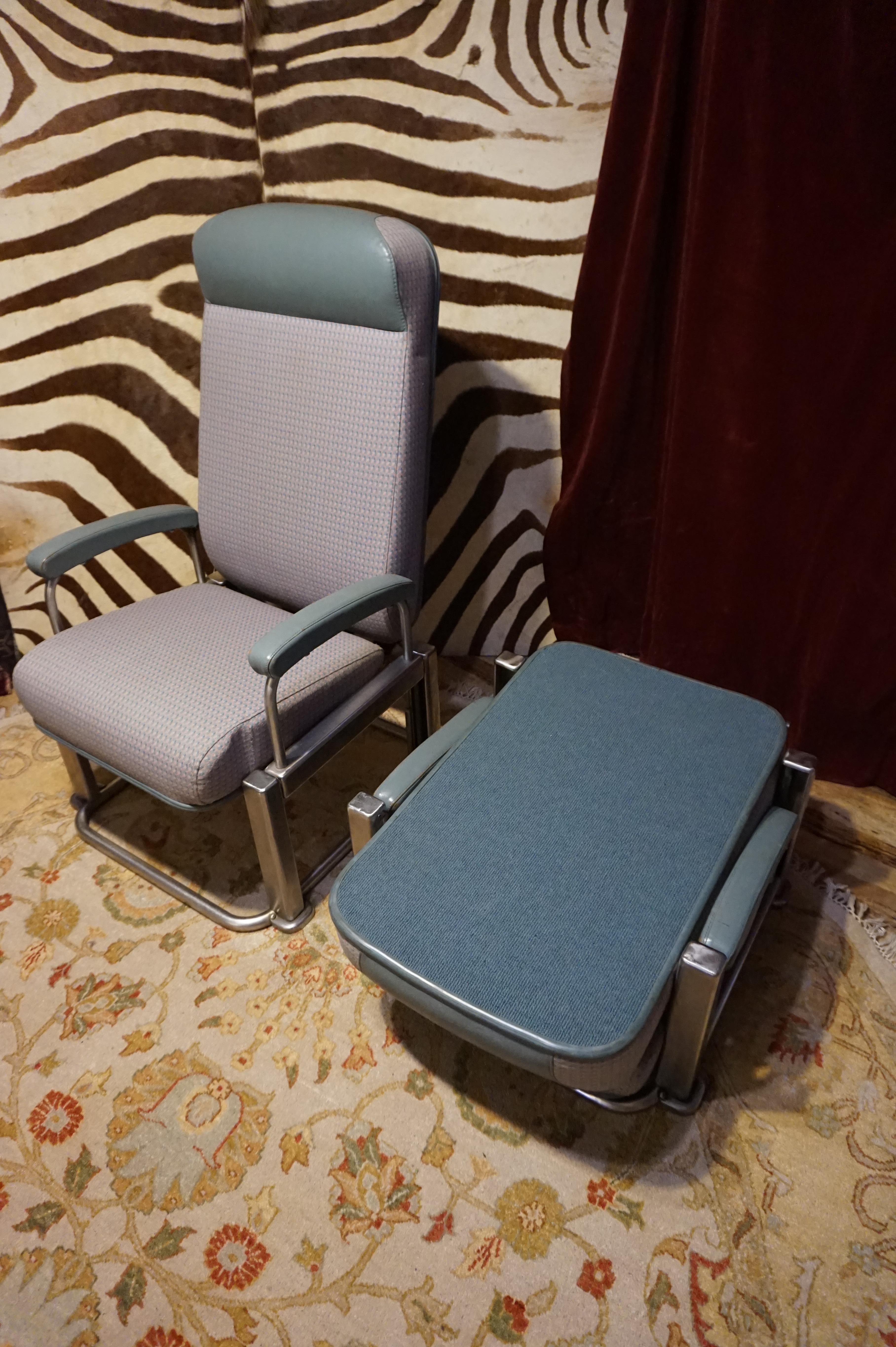 Rare Bauhaus inspired mid-century folding chairs in excellent condition. Originally used in 1st class compartments as lounge chairs that could be folded and tucked away (as demonstrated in photos). Mohair upholstery piped with leather. Steel and