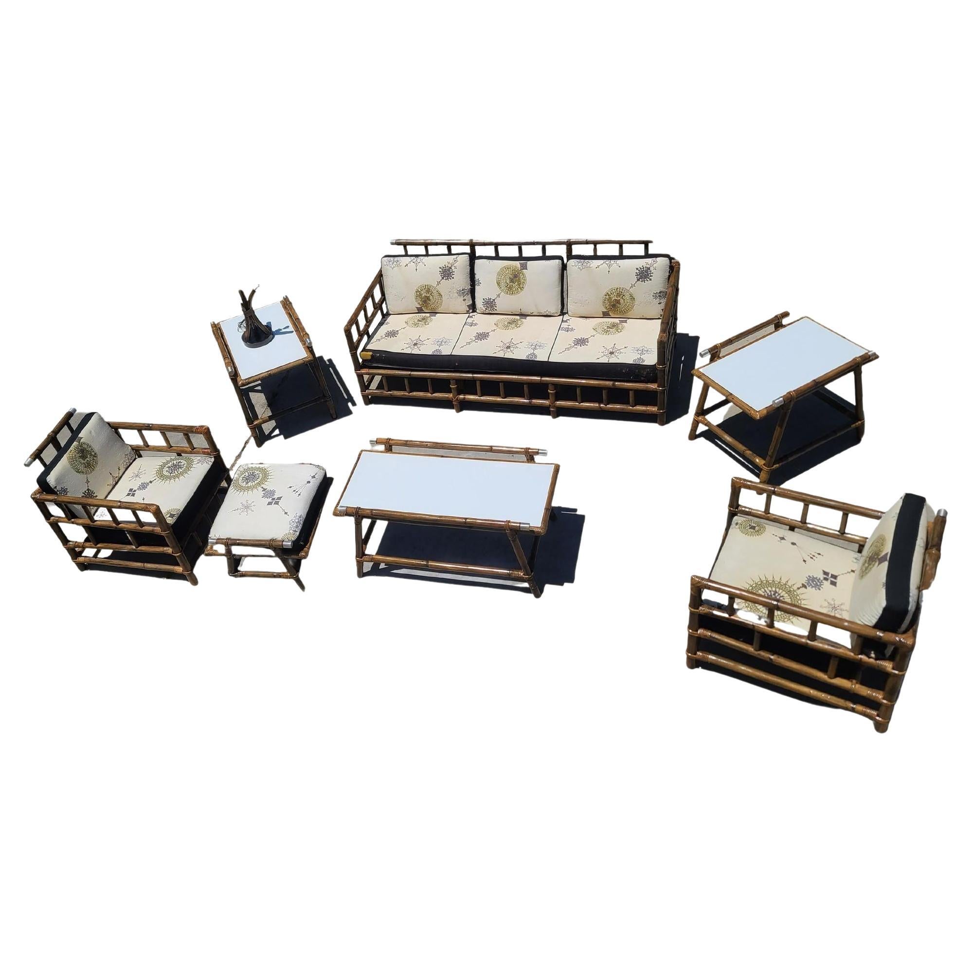 Restored 8 Piece Dark Rattan Sofa, Lounge, Chair & Table Livingroom Set