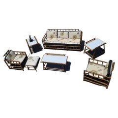 Used Rare Mid Century 8 Piece Dark Rattan Sofa, Chair & Table Livingroom Set