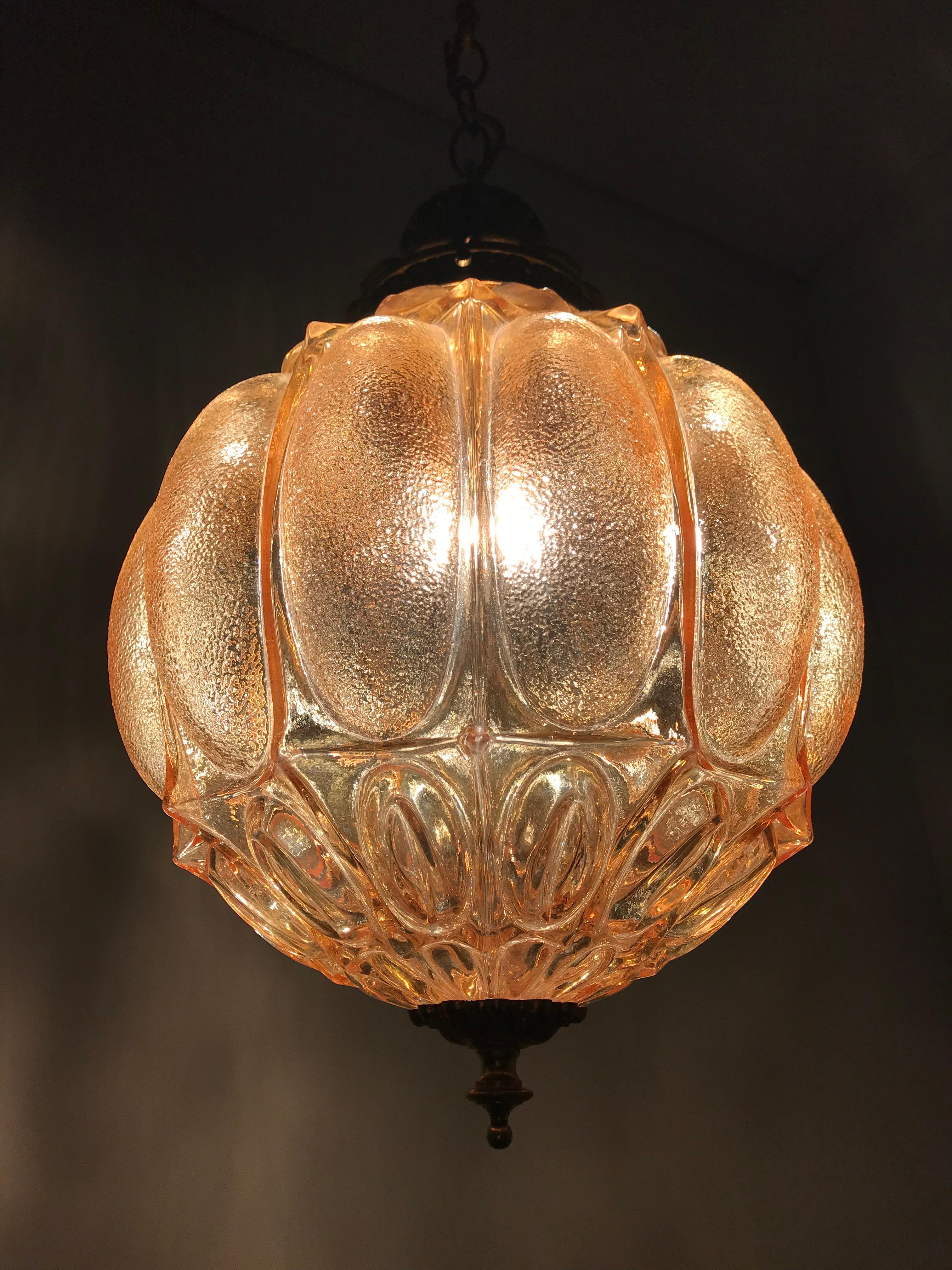 Rare MidCentury Modern Amber w Goldtone Glass and Brass Pendant / Light Fixture For Sale 1