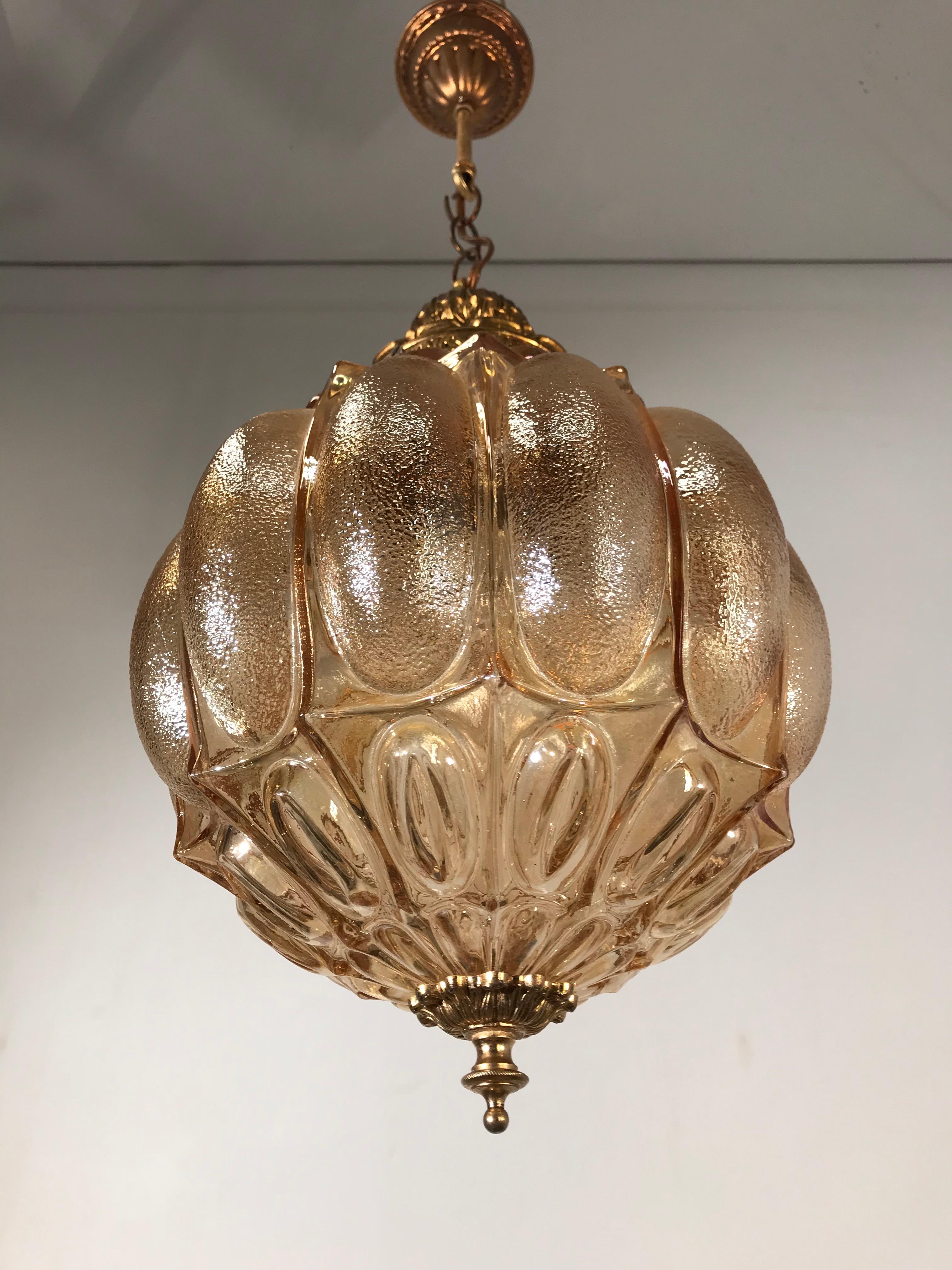 Rare MidCentury Modern Amber w Goldtone Glass and Brass Pendant / Light Fixture For Sale 3