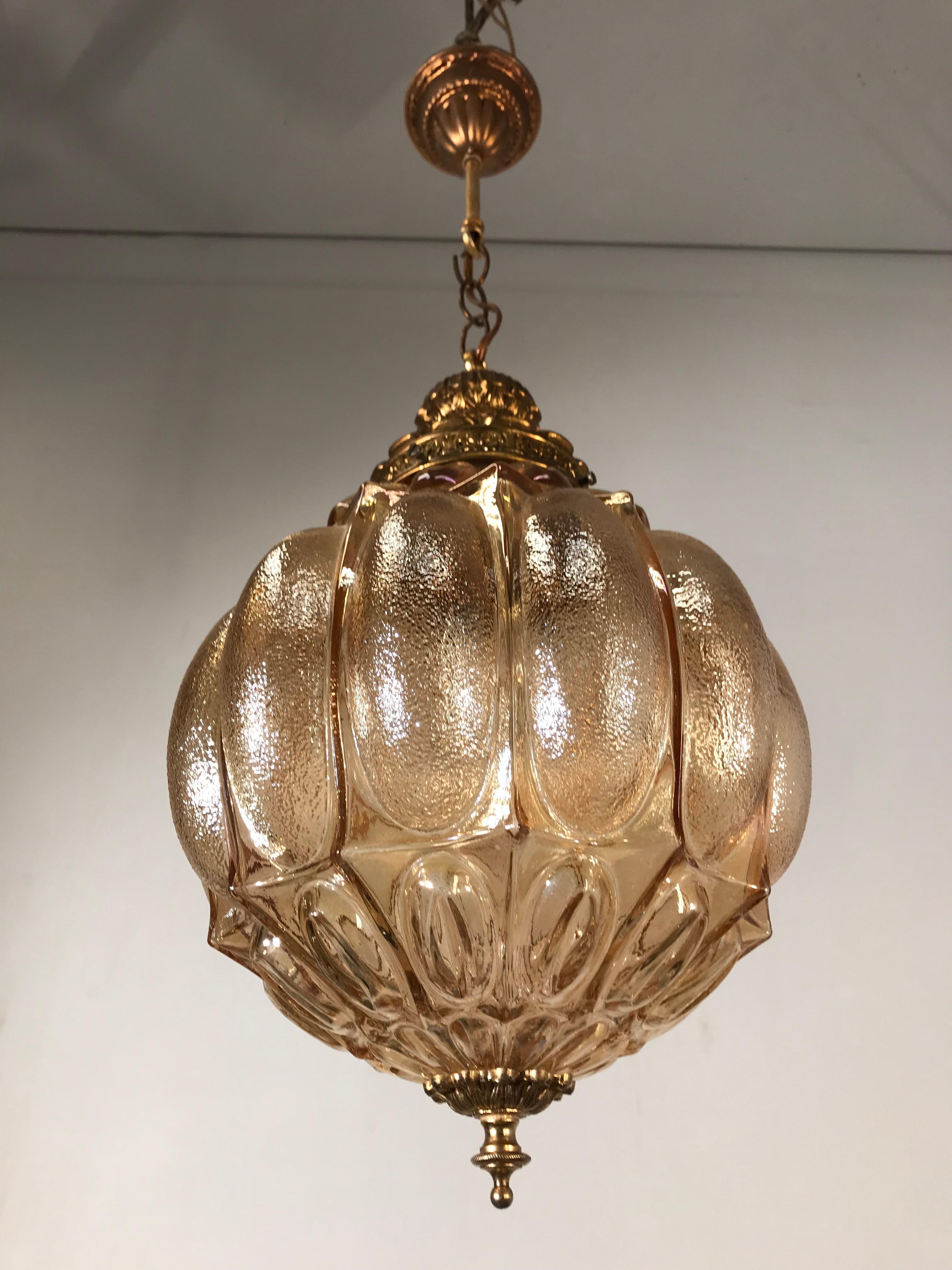 Rare MidCentury Modern Amber w Goldtone Glass and Brass Pendant / Light Fixture For Sale 4