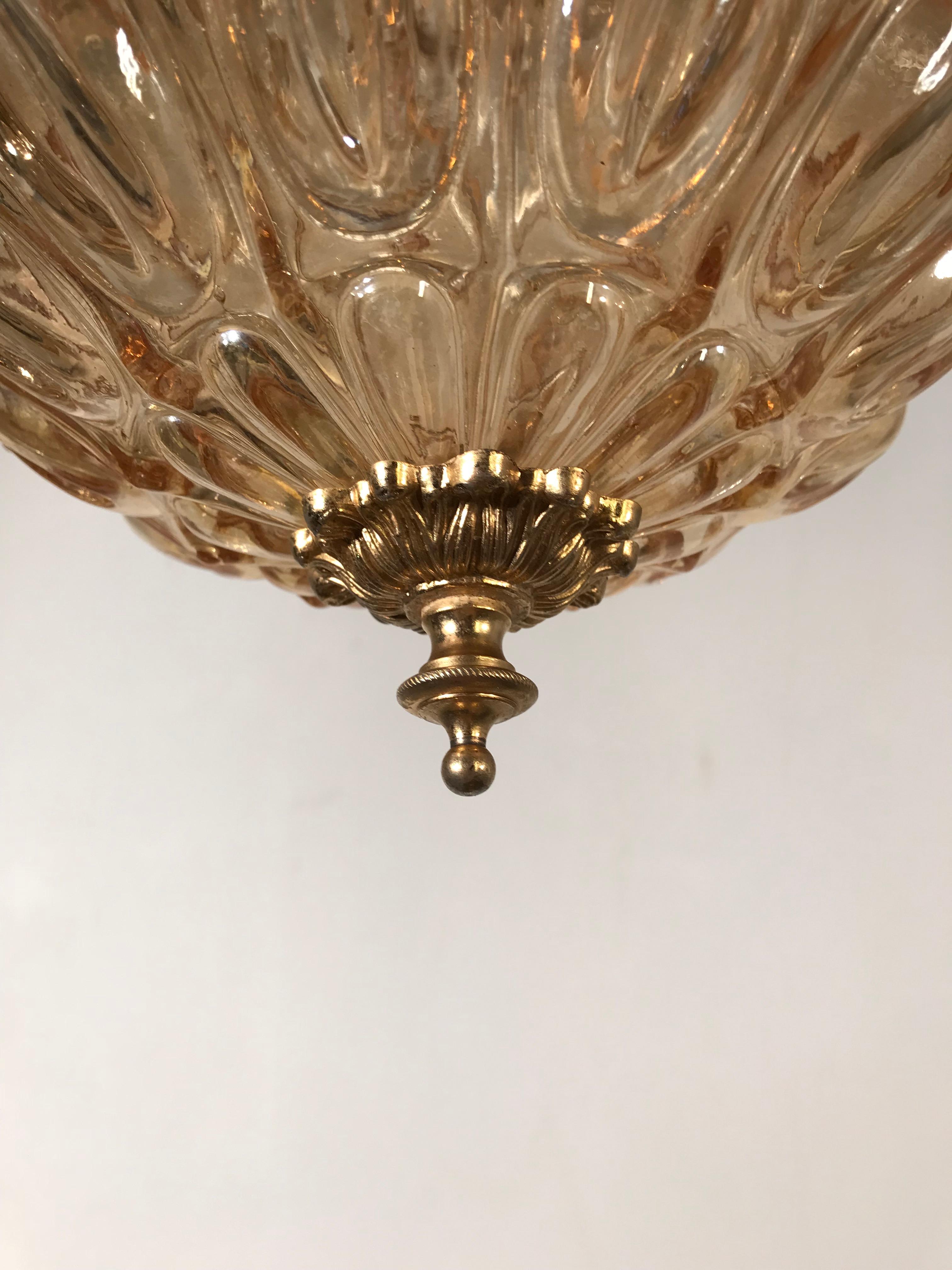 Rare MidCentury Modern Amber w Goldtone Glass and Brass Pendant / Light Fixture For Sale 5