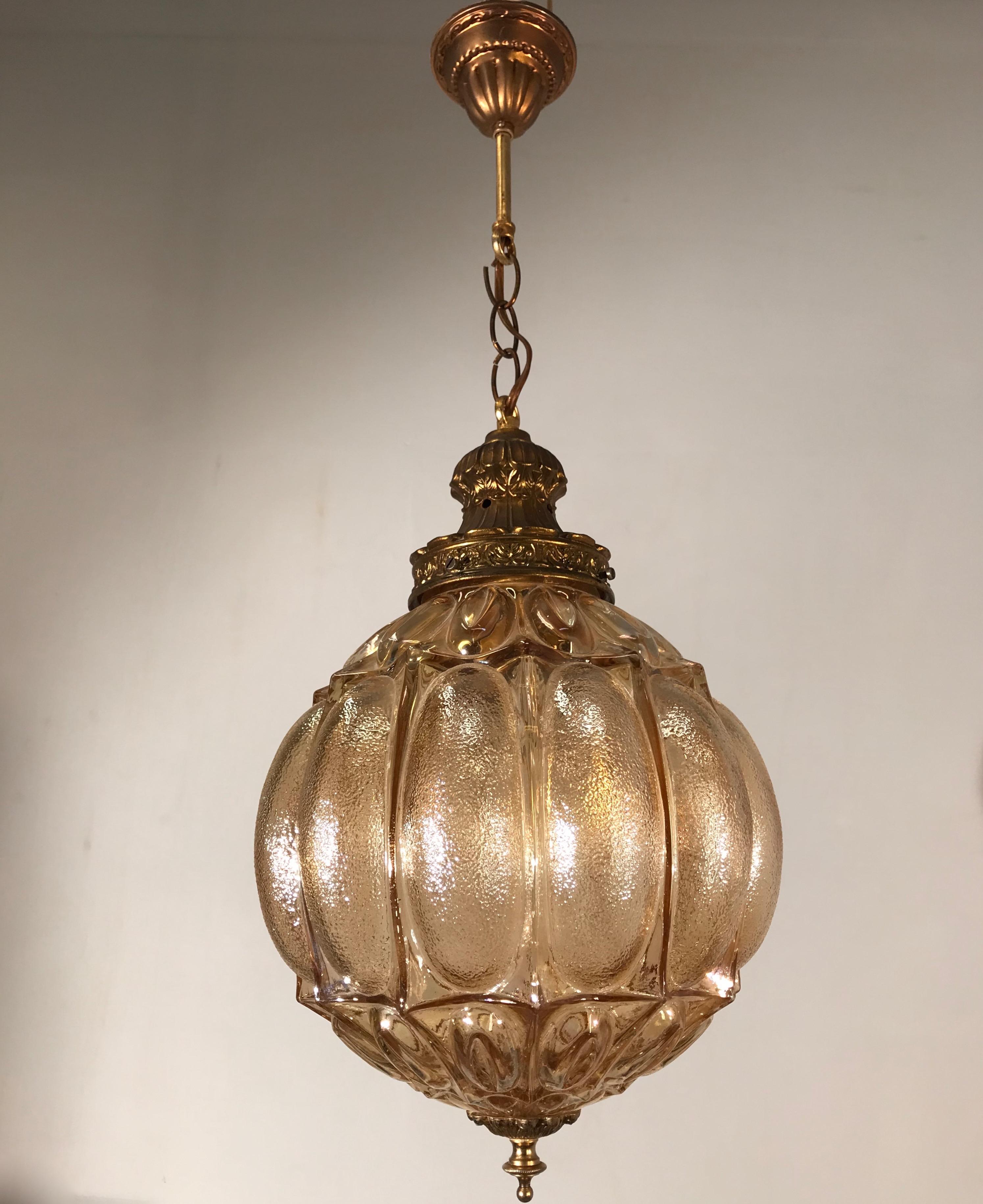 Rare MidCentury Modern Amber w Goldtone Glass and Brass Pendant / Light Fixture For Sale 8