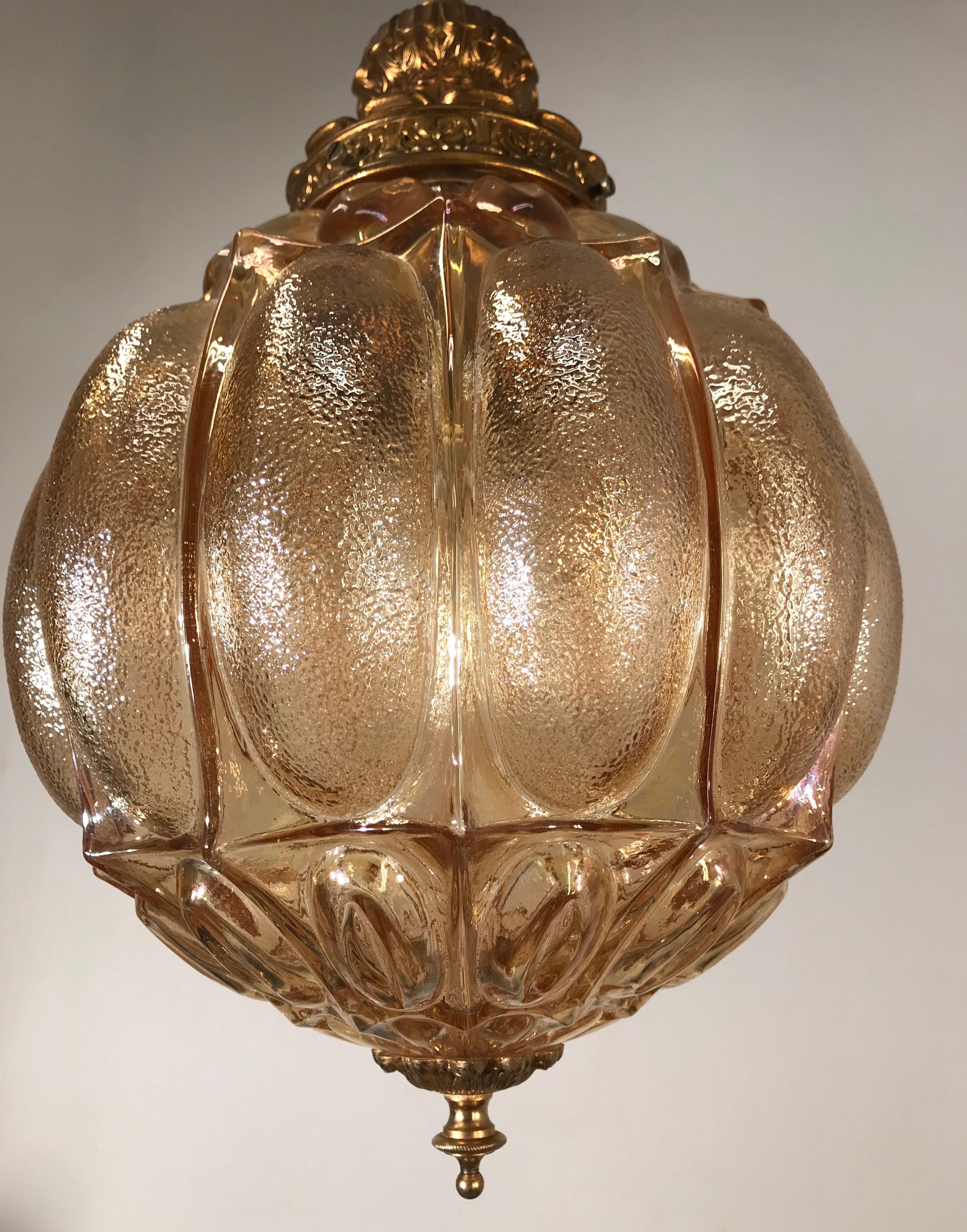 Rare MidCentury Modern Amber w Goldtone Glass and Brass Pendant / Light Fixture For Sale 9