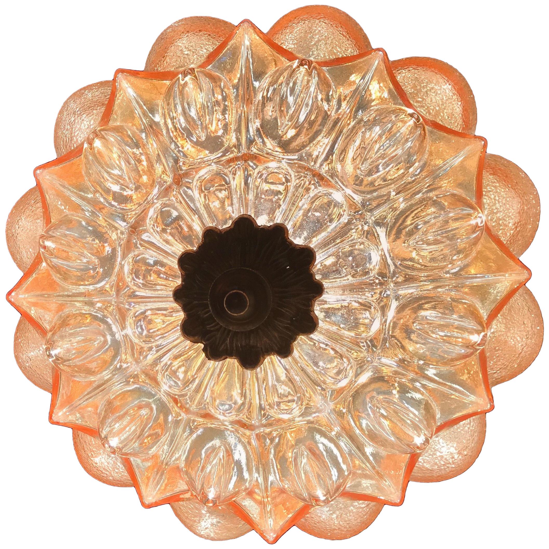 Rare MidCentury Modern Amber w Goldtone Glass and Brass Pendant / Light Fixture