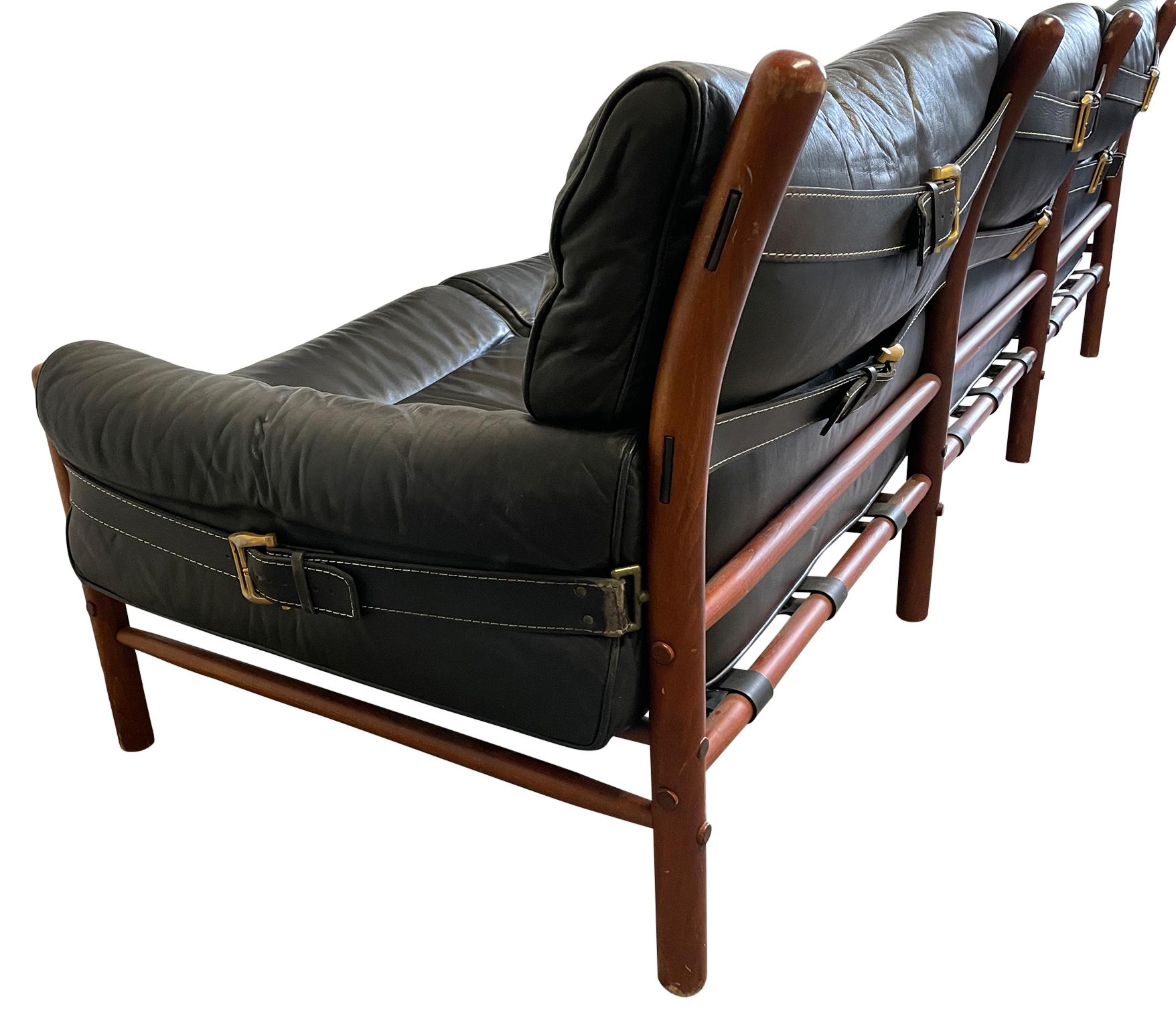 Brass Rare Mid Century Arne Norell Swedish Black Leather Sling Safari Kontiki Sofa For Sale