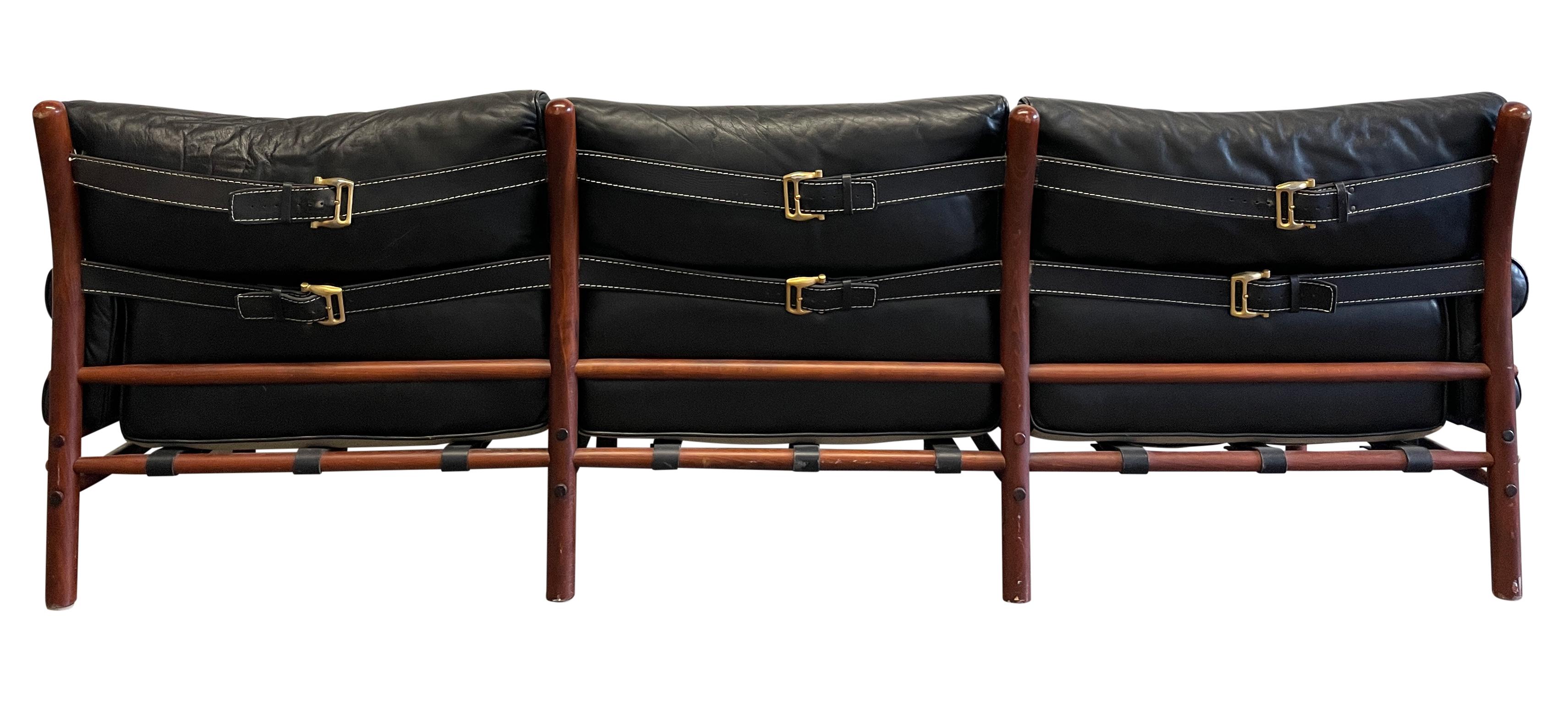Woodwork Rare Mid Century Arne Norell Swedish Black Leather Sling Safari Kontiki Sofa For Sale