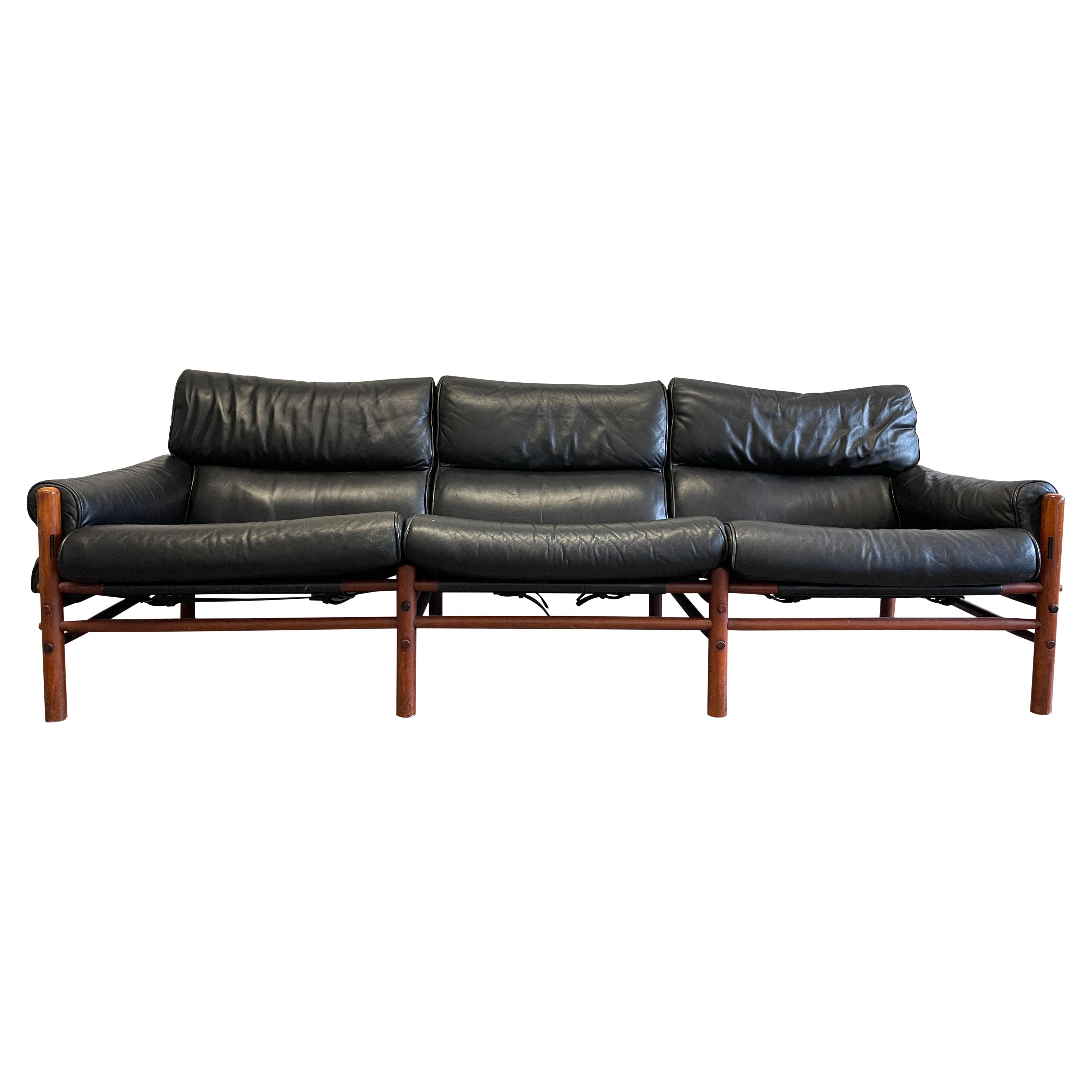 Rare Mid Century Arne Norell Swedish Black Leather Sling Safari Kontiki Sofa For Sale