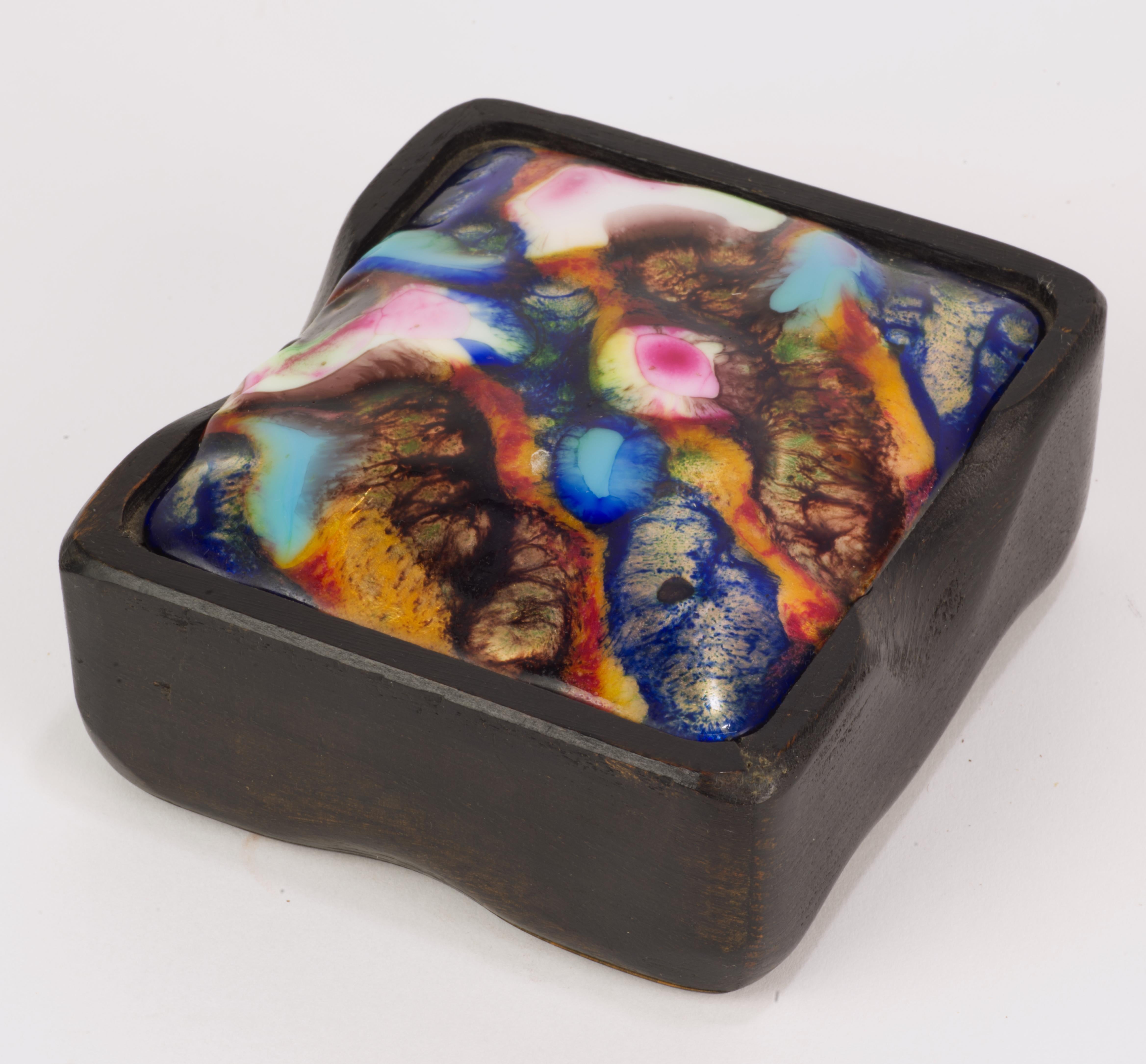 Rare Mid Century Modern rectangular carved wooden box with a slightly curved lid in enameled copper with colorful abstract decor was hand-crafted by J. Capo Esmaltes in Spain in 1960s. The company also produced mirrors, chargers and some other