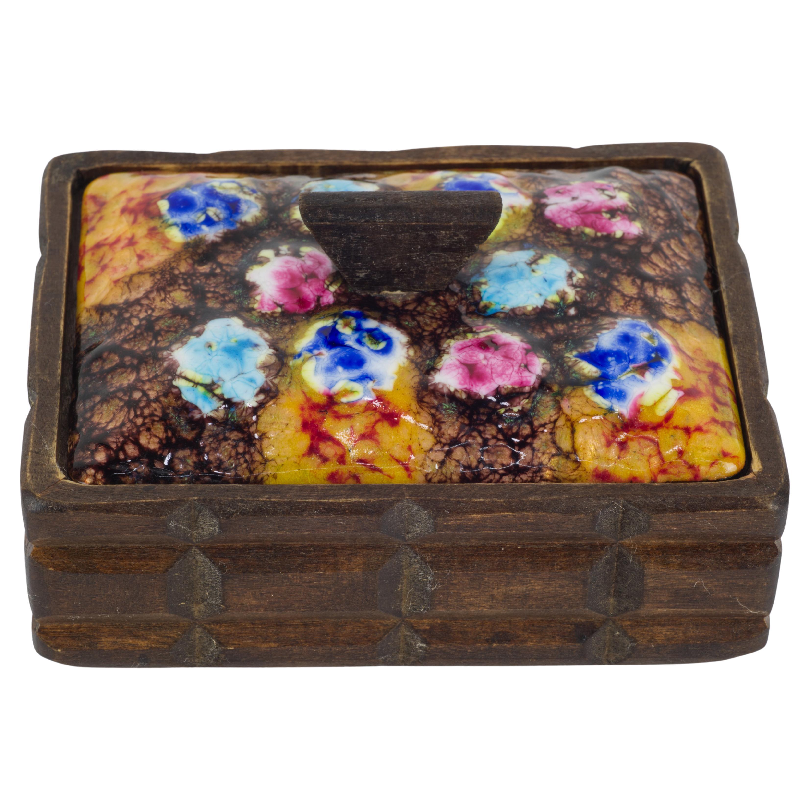 Rara caja y tapa de cobre esmaltado artesanal de mediados de siglo de Capo Esmaltes