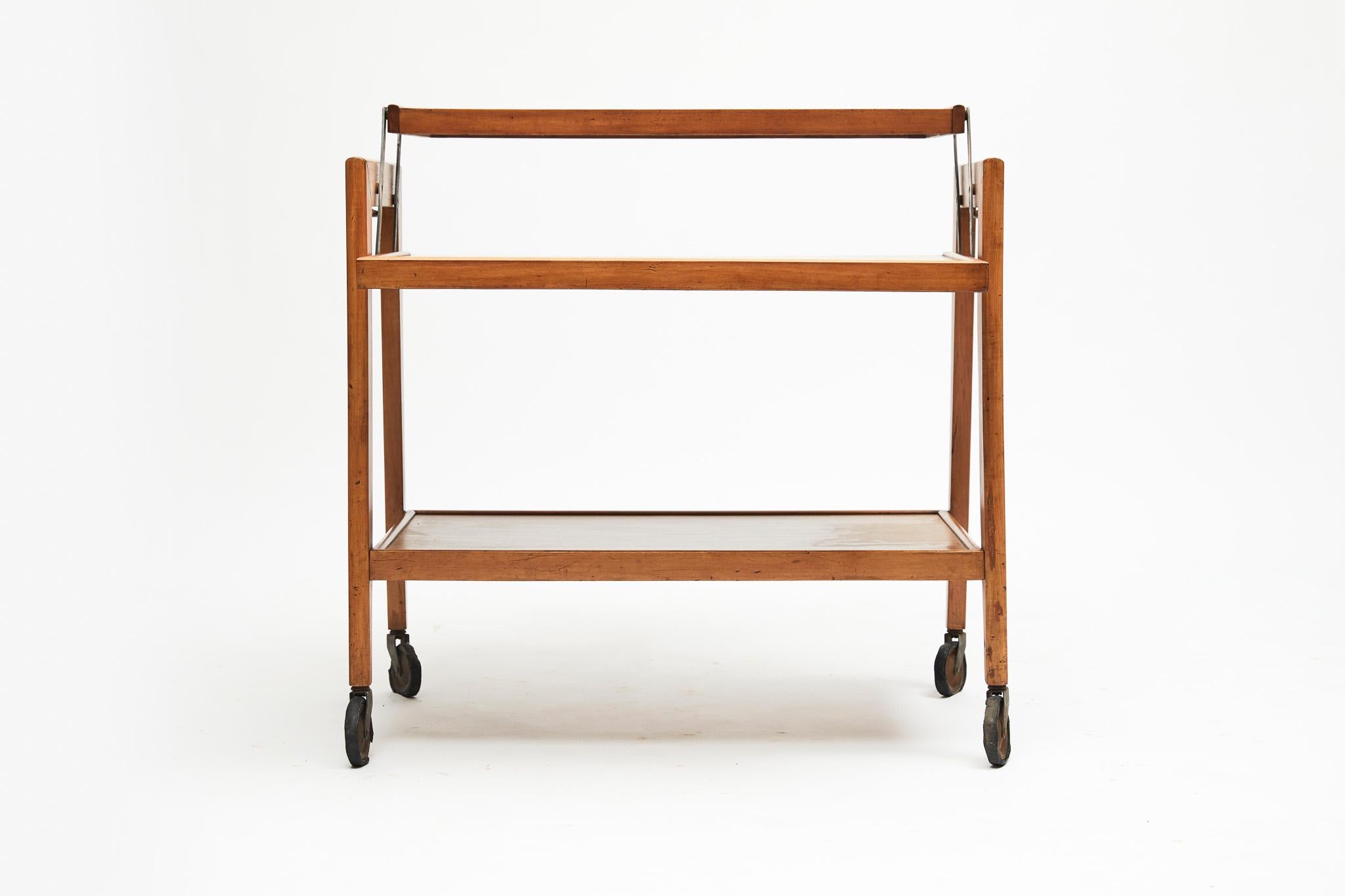 Midcentury Modern Bar Cart in Hardwood & Brass by Ming Moveis, Brazil, 1950's In Fair Condition In New York, NY