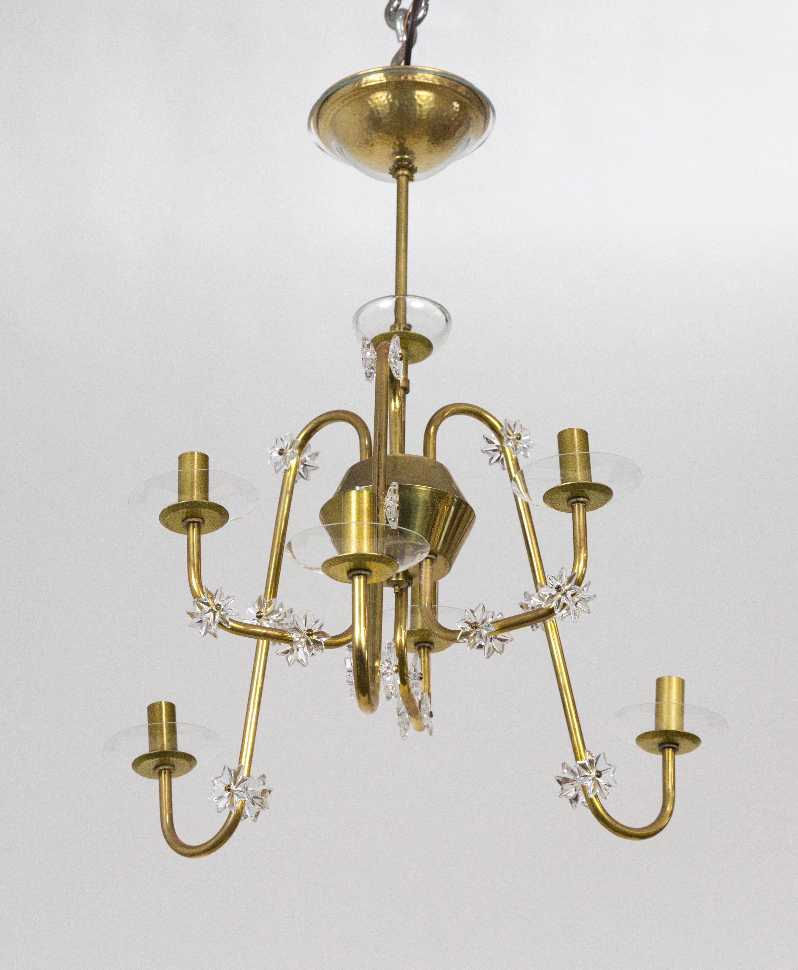 20th Century Rare Mid Century Brass & Glass Undulating 6-Arm Chandelier For Sale