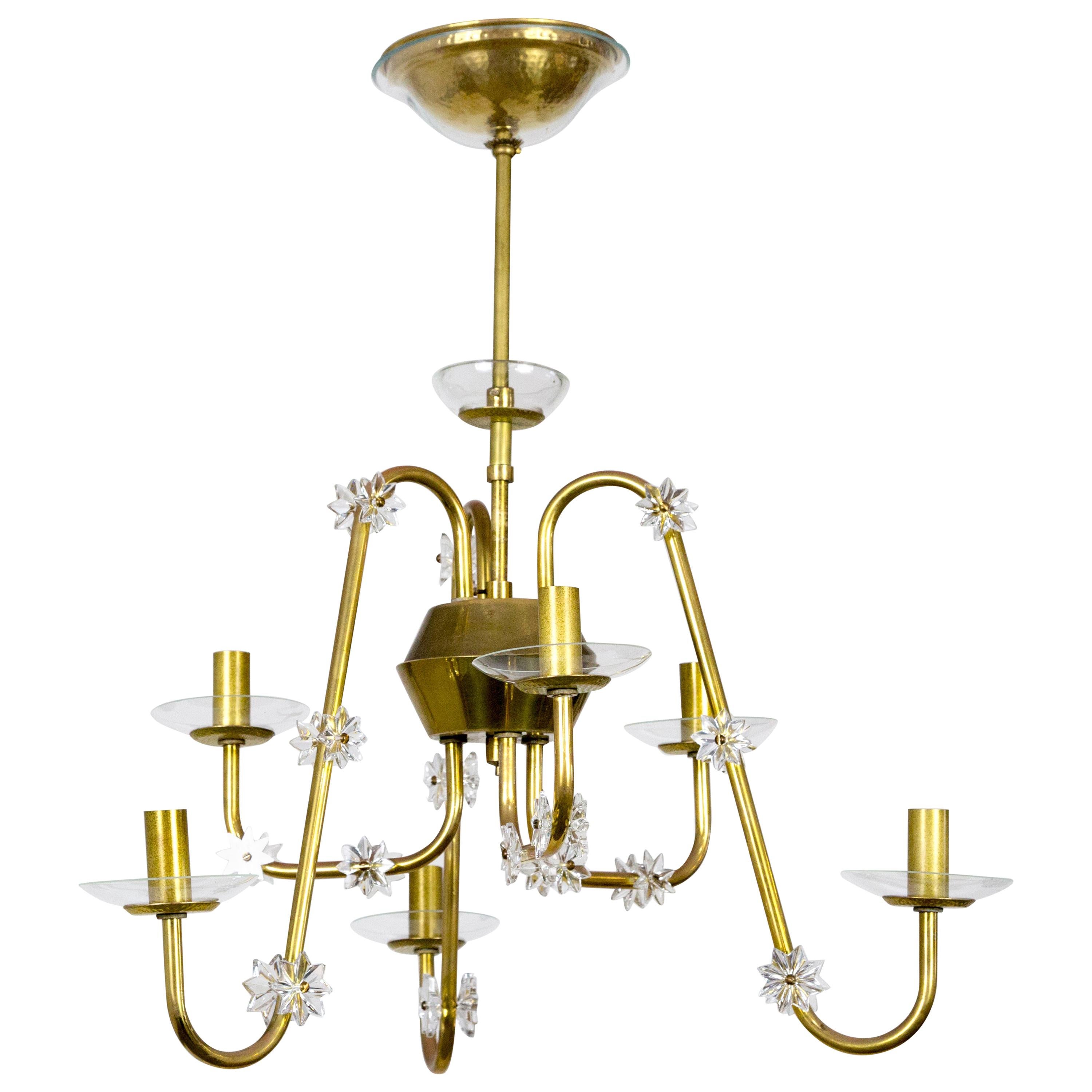 Rare Mid Century Brass & Glass Undulating 6-Arm Chandelier For Sale