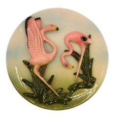 Rare Mid-century California Pottery Flamingo 3d Sculptural Round Wall Plate