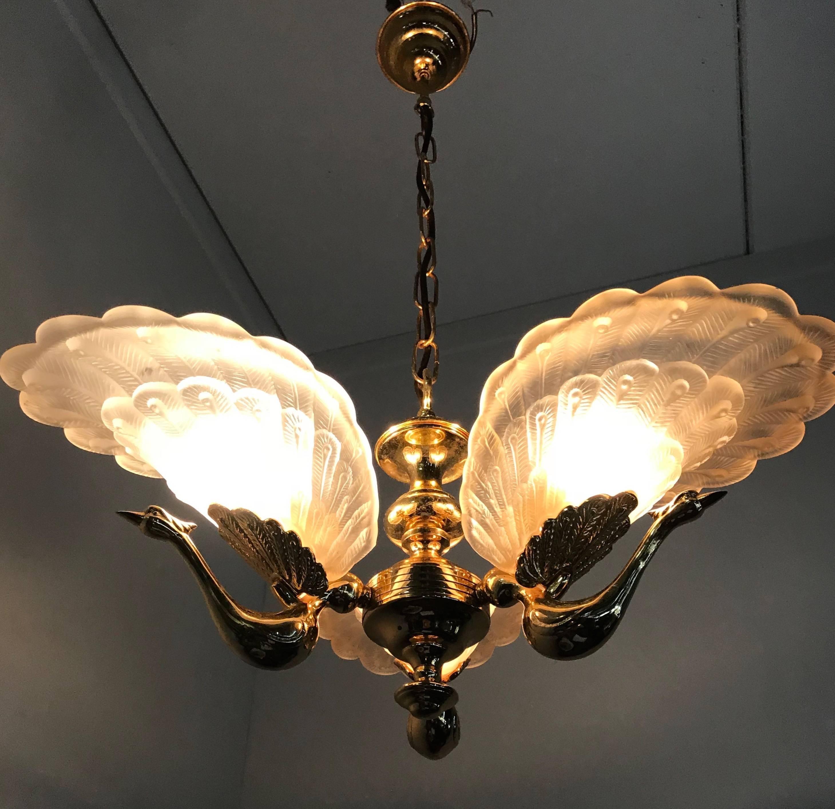 Rare Midcentury Chandelier / Pendant with Golden Bronze Glass Peacock Sculptures 1