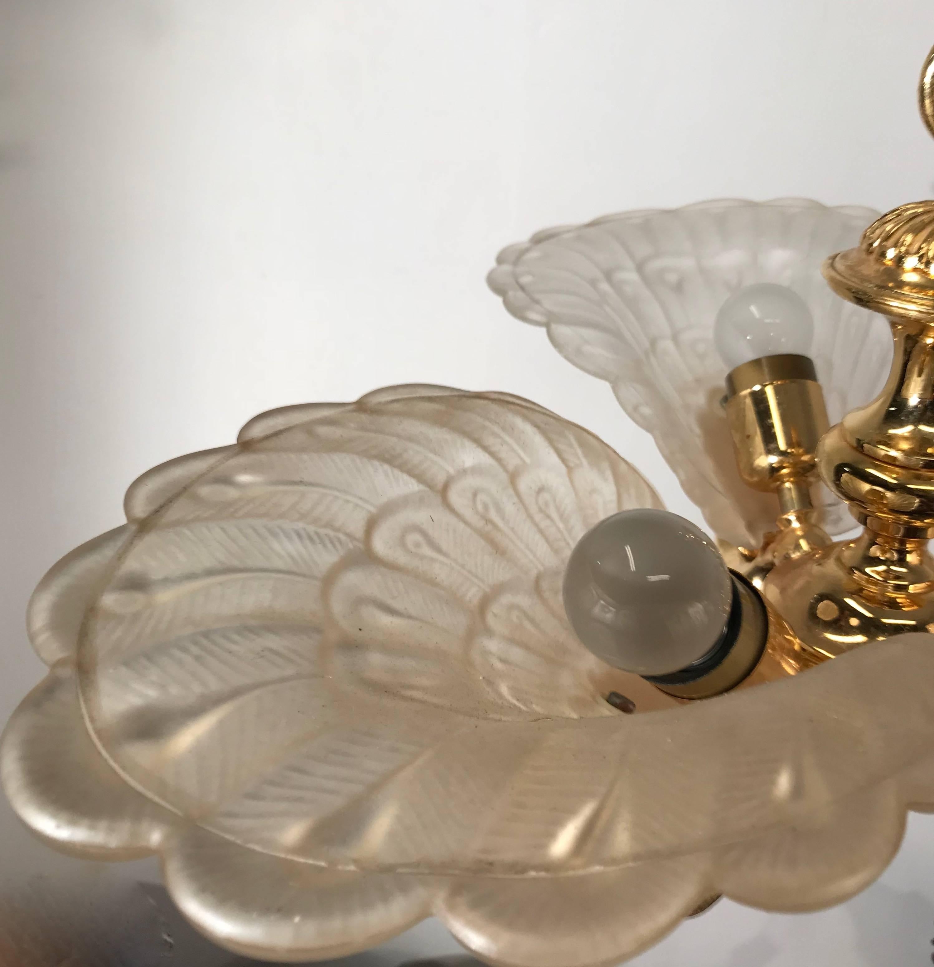 Rare Midcentury Chandelier / Pendant with Golden Bronze Glass Peacock Sculptures 2