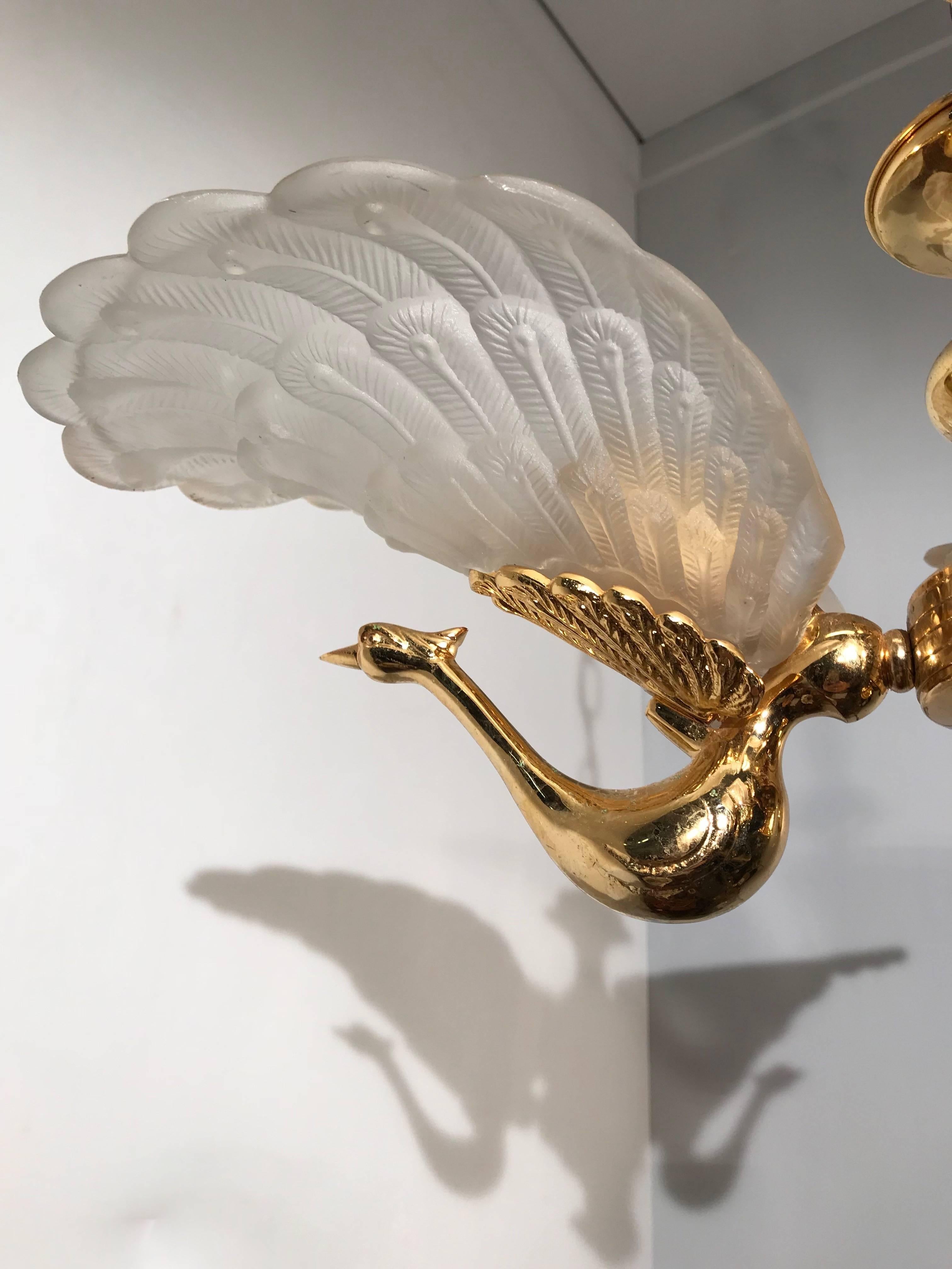 Rare Midcentury Chandelier / Pendant with Golden Bronze Glass Peacock Sculptures 6