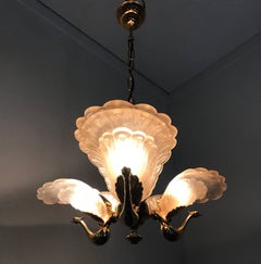 Rare Midcentury Chandelier / Pendant with Golden Bronze Glass Peacock Sculptures