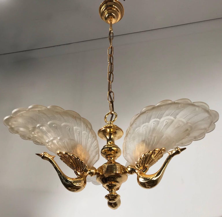 Rare Midcentury Chandelier / Pendant with Golden Bronze Glass Peacock