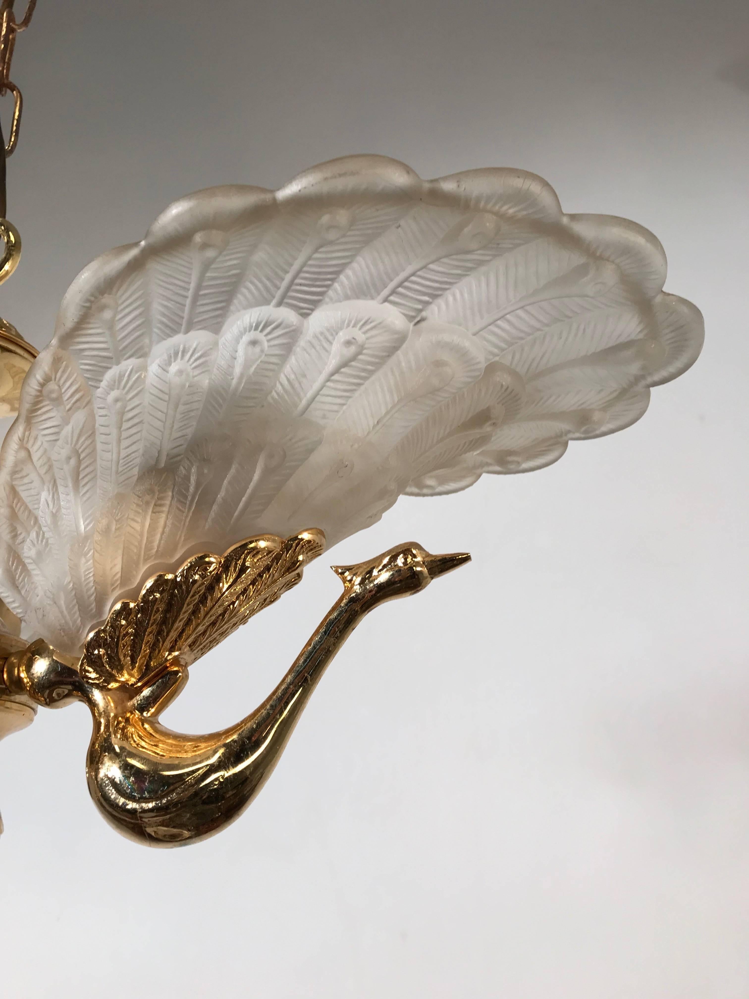 Art Deco Rare Midcentury Chandelier / Pendant with Golden Bronze Glass Peacock Sculptures
