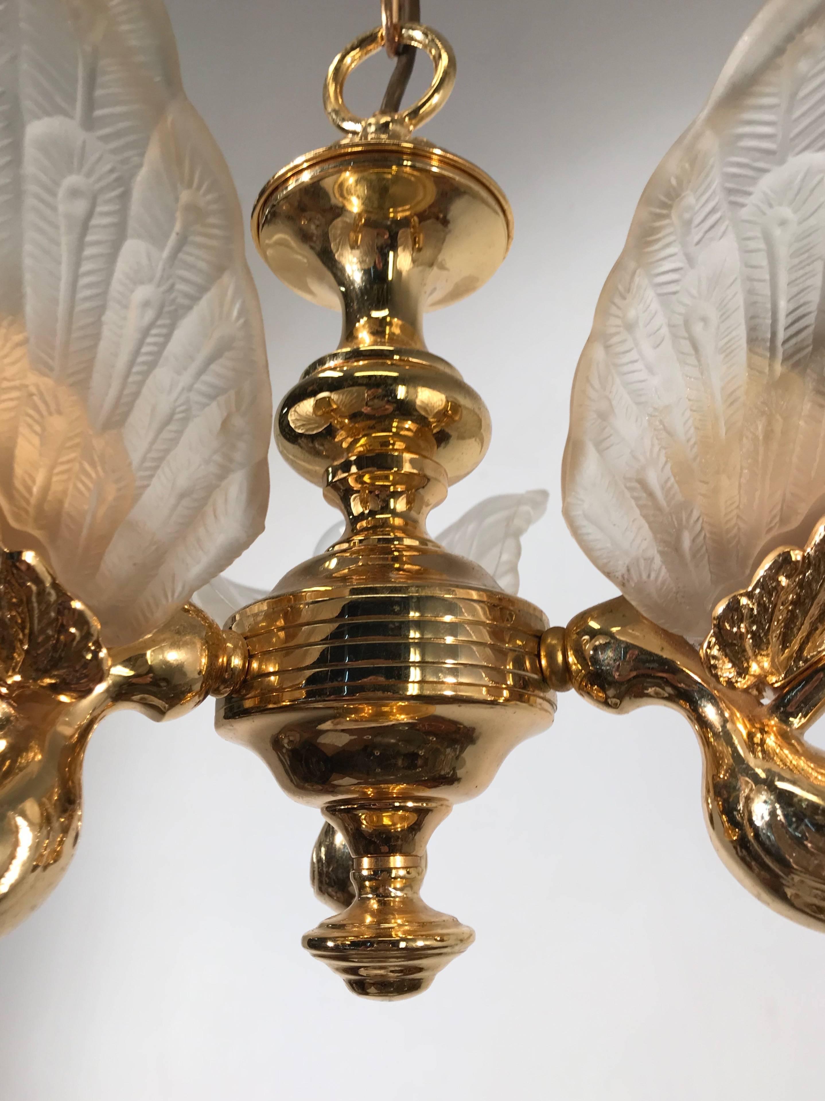 Rare Midcentury Chandelier / Pendant with Golden Bronze Glass Peacock Sculptures In Excellent Condition In Lisse, NL