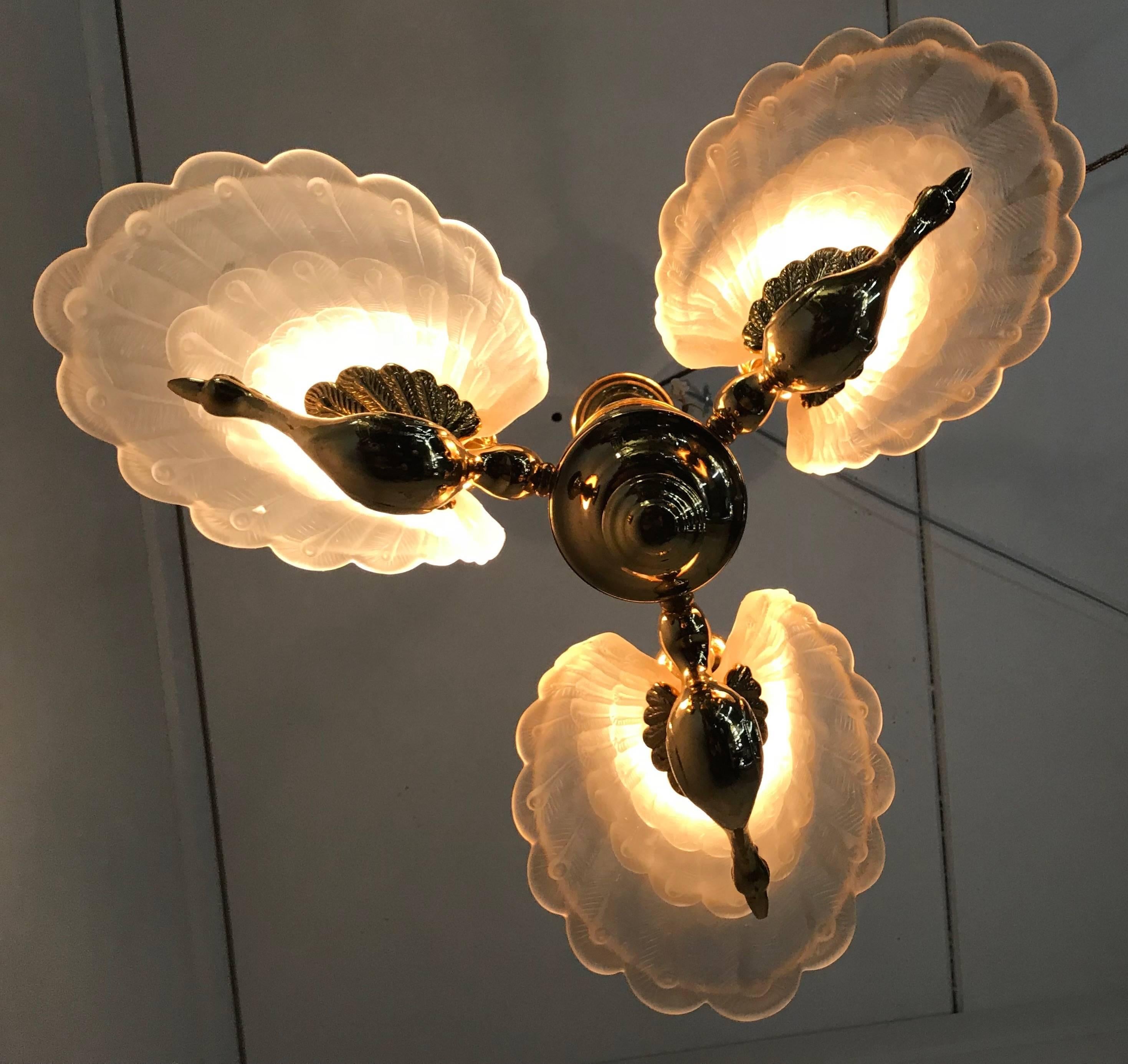 20th Century Rare Midcentury Chandelier / Pendant with Golden Bronze Glass Peacock Sculptures