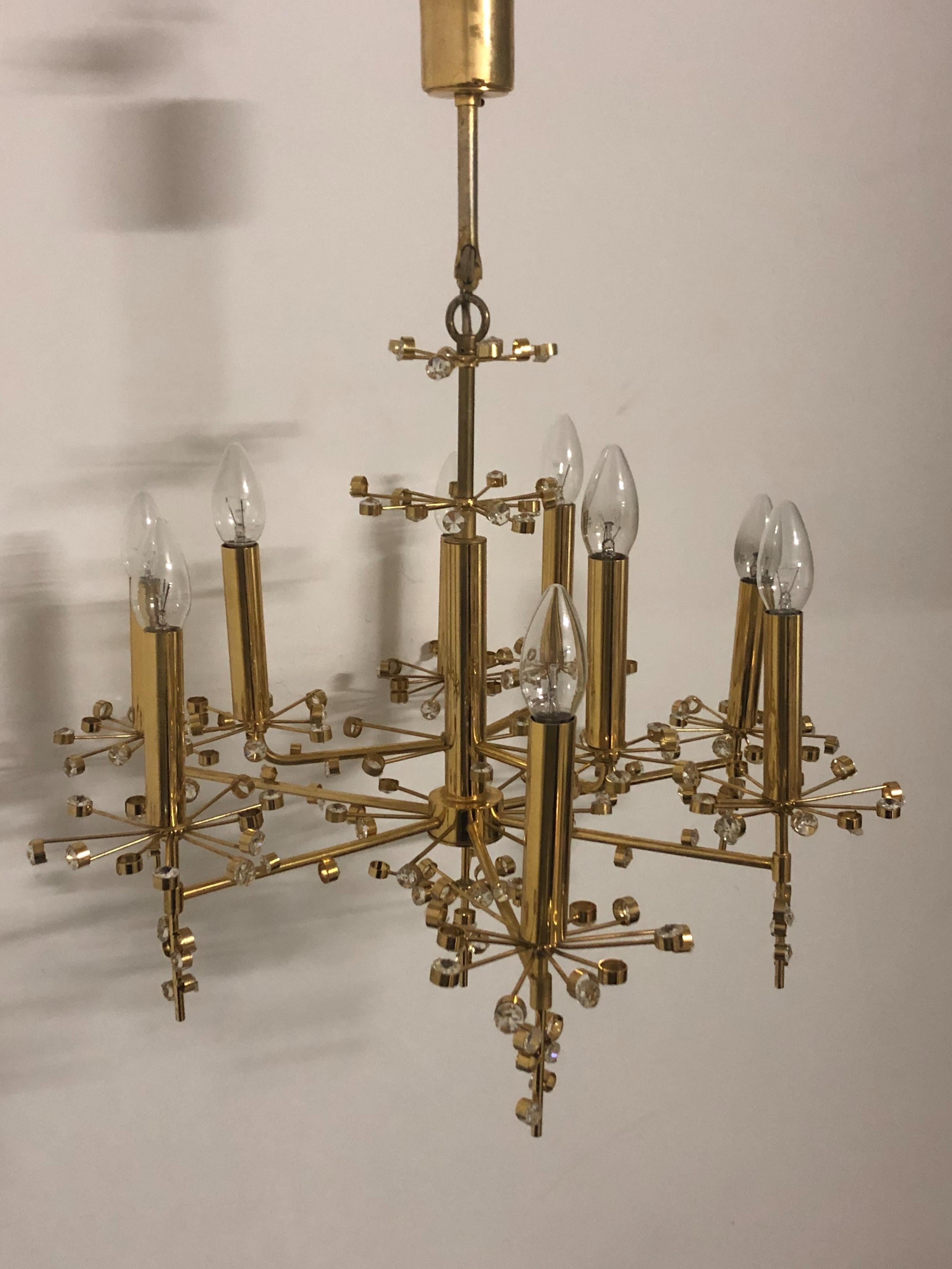 Mid-Century Modern Rare 24k Brass and Crystal Chandelier by Palwa, circa 1960s