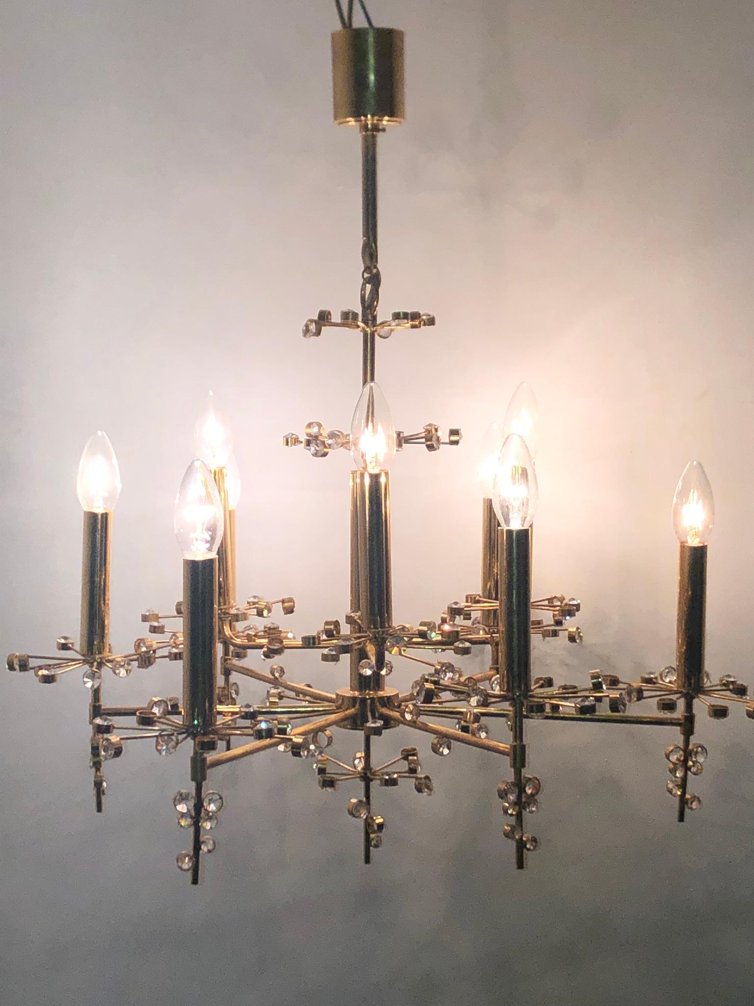 German Rare 24k Brass and Crystal Chandelier by Palwa, circa 1960s