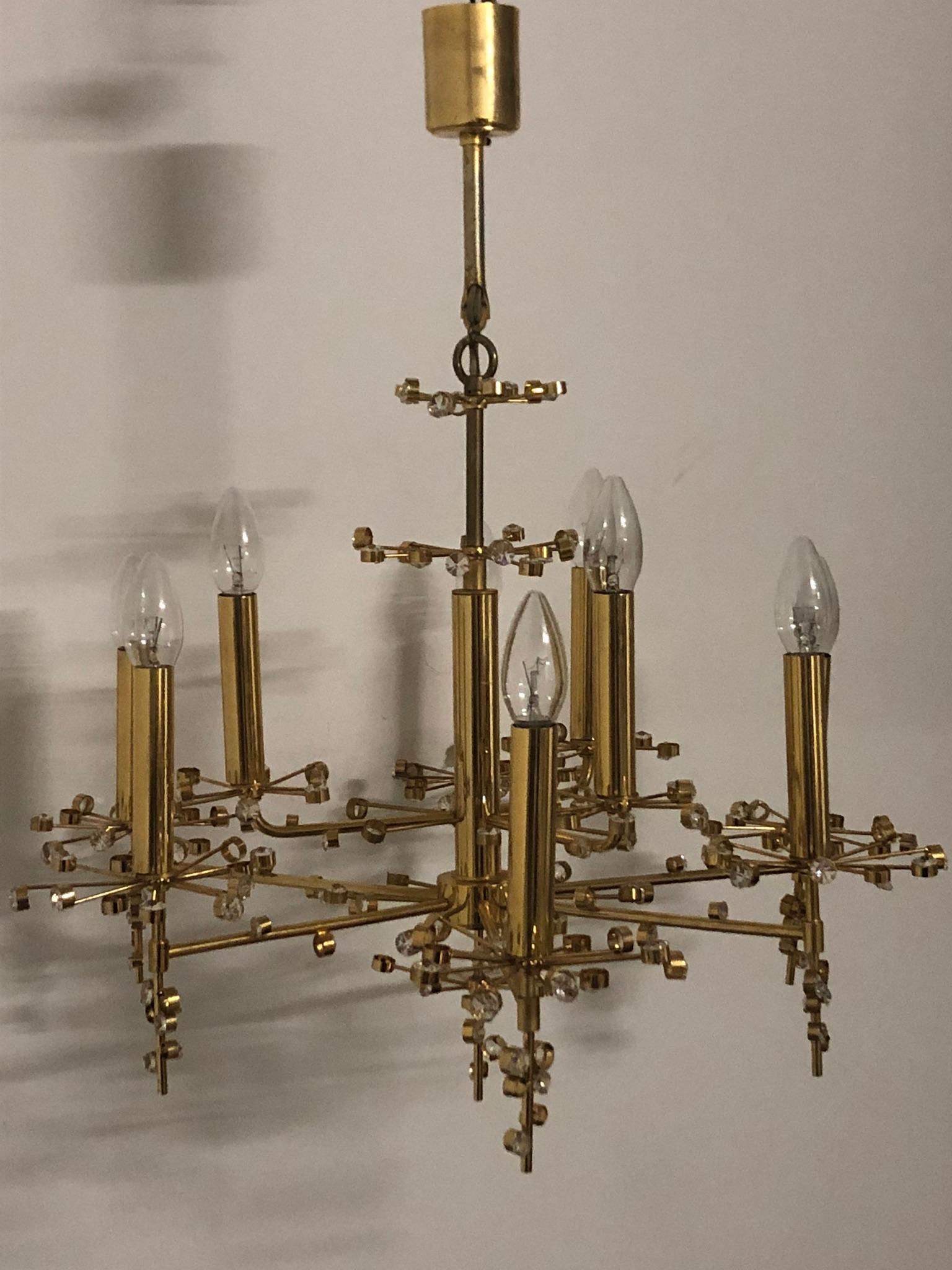 Gilt Rare 24k Brass and Crystal Chandelier by Palwa, circa 1960s