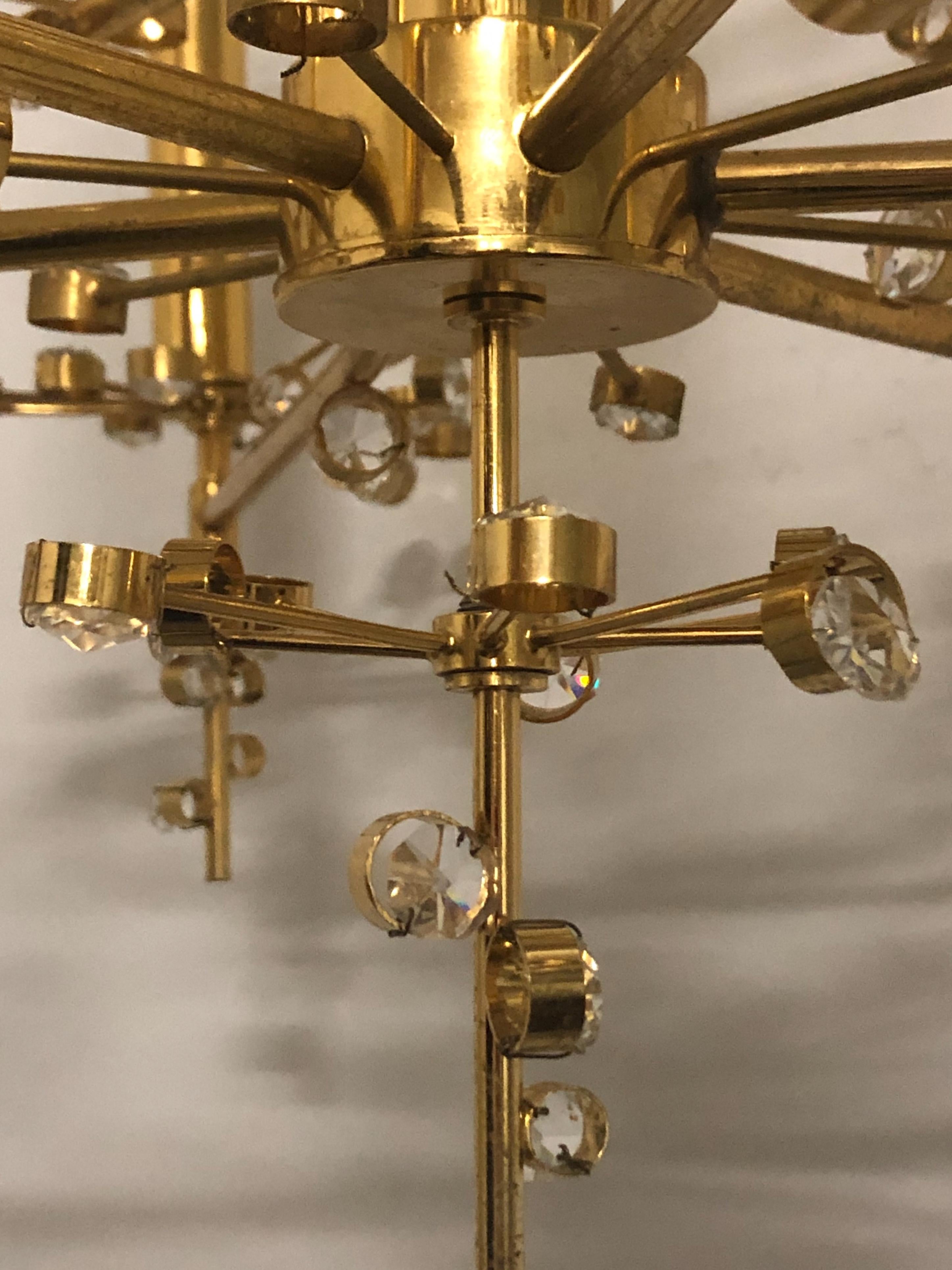 Mid-20th Century Rare 24k Brass and Crystal Chandelier by Palwa, circa 1960s