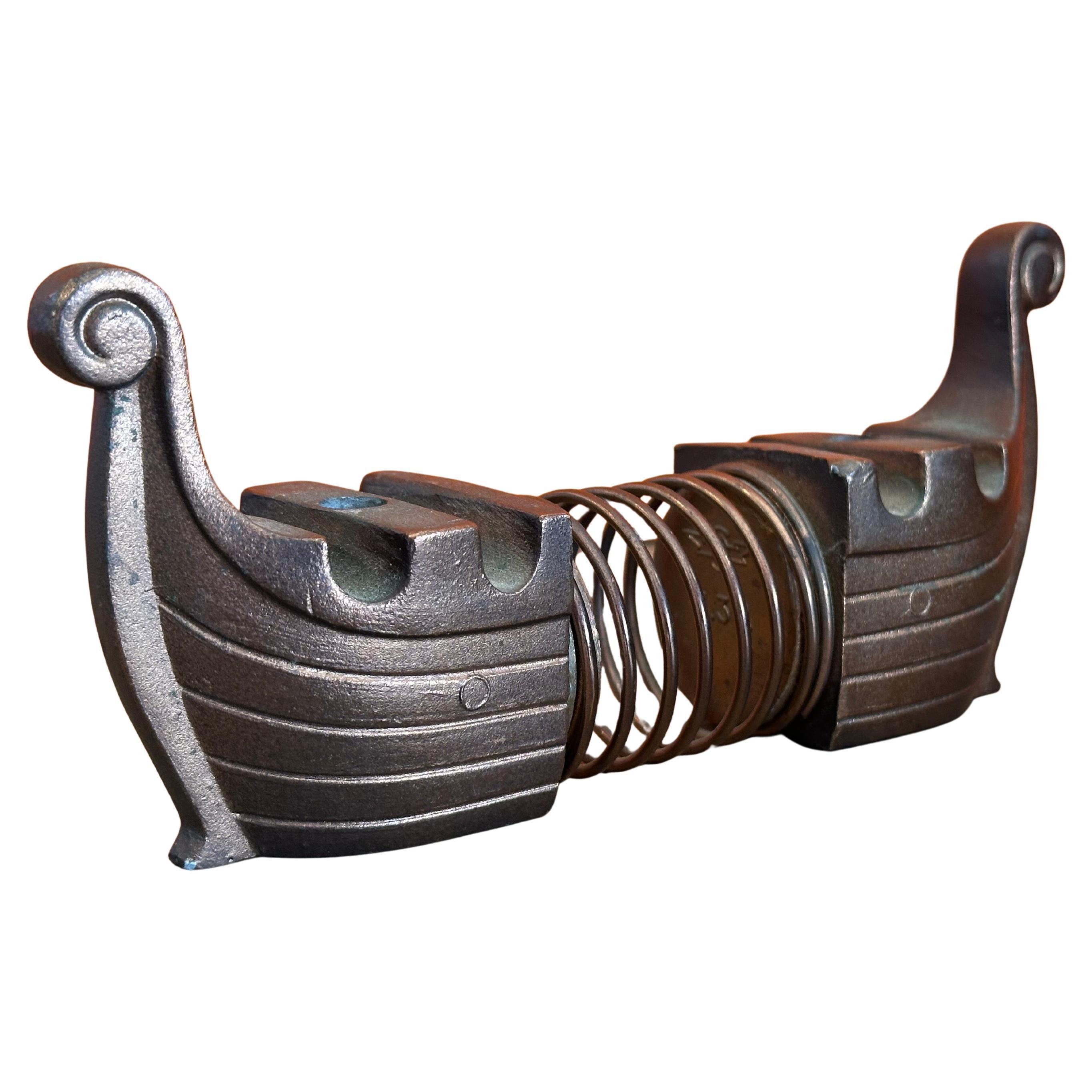 Rare Copper Mid-Century Envelope Spring Desk Organizer Viking Longboat, circa 1970s. This vintage copper envelope desk holder is a rare, cool and unique great piece of conversation. It is in good condition with no structural damage, knicks or