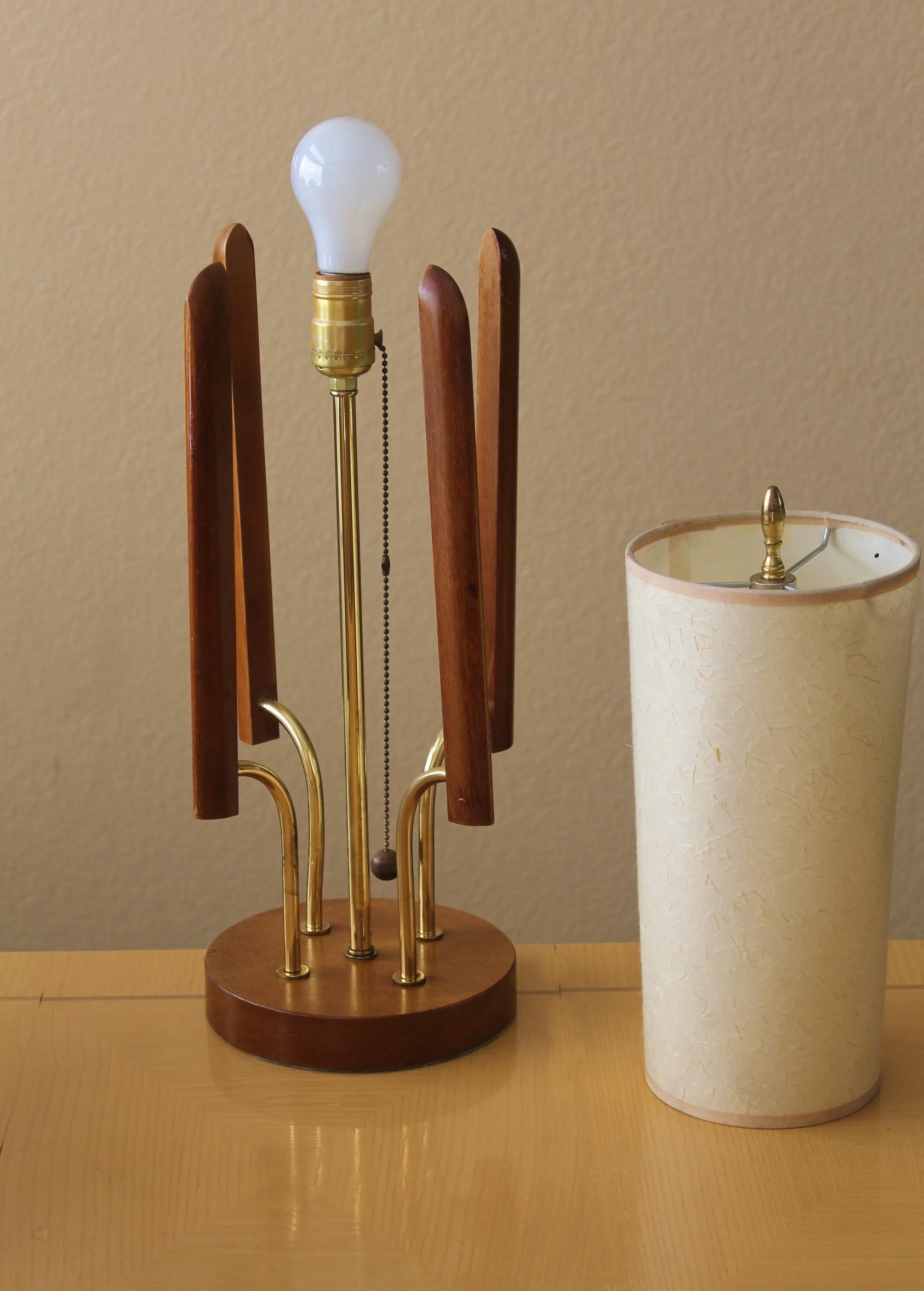 
Gorgeous!

DANISH MODERN
TEAK & BRASS TABLE LAMP
BY MODELINE

Design Attributed to Adrian Pearsall

This lamp is a striking example of the best of Mid Century Modern Danish Modern design!  The best brass and finest teak work together to defy