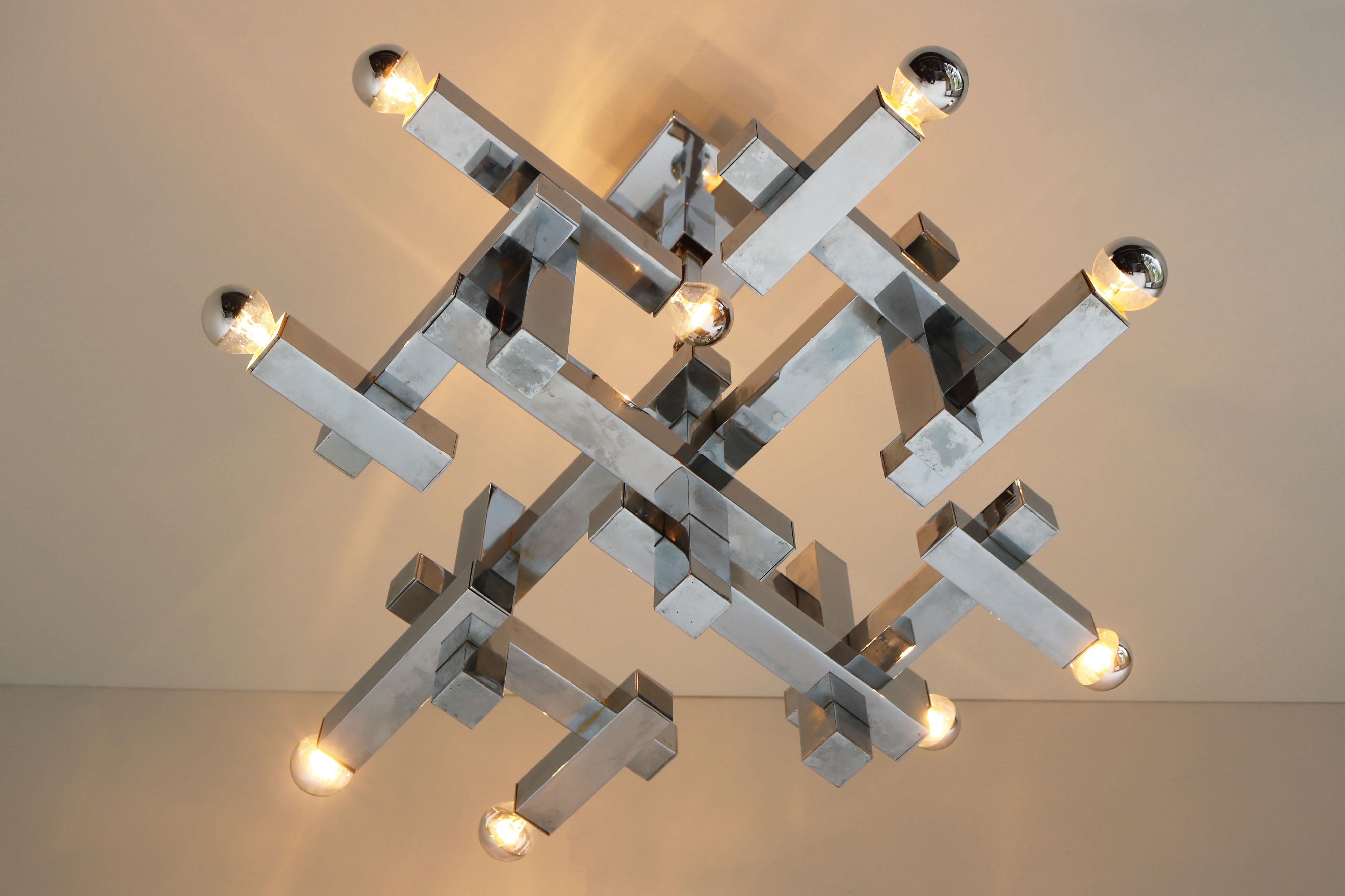 Raro lampadario di design di metà secolo di Gaetano Sciolari Modello Metrico 1960 Cromo in vendita 5