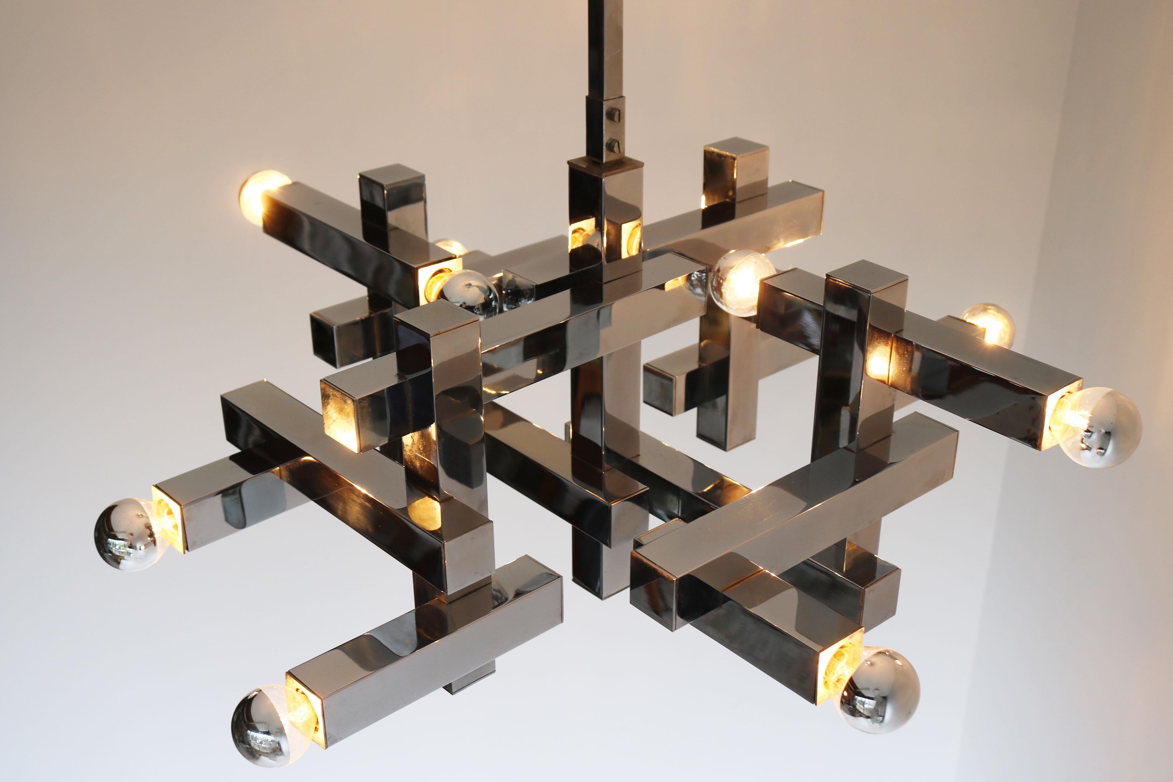 Acciaio Raro lampadario di design di metà secolo di Gaetano Sciolari Modello Metrico 1960 Cromo in vendita