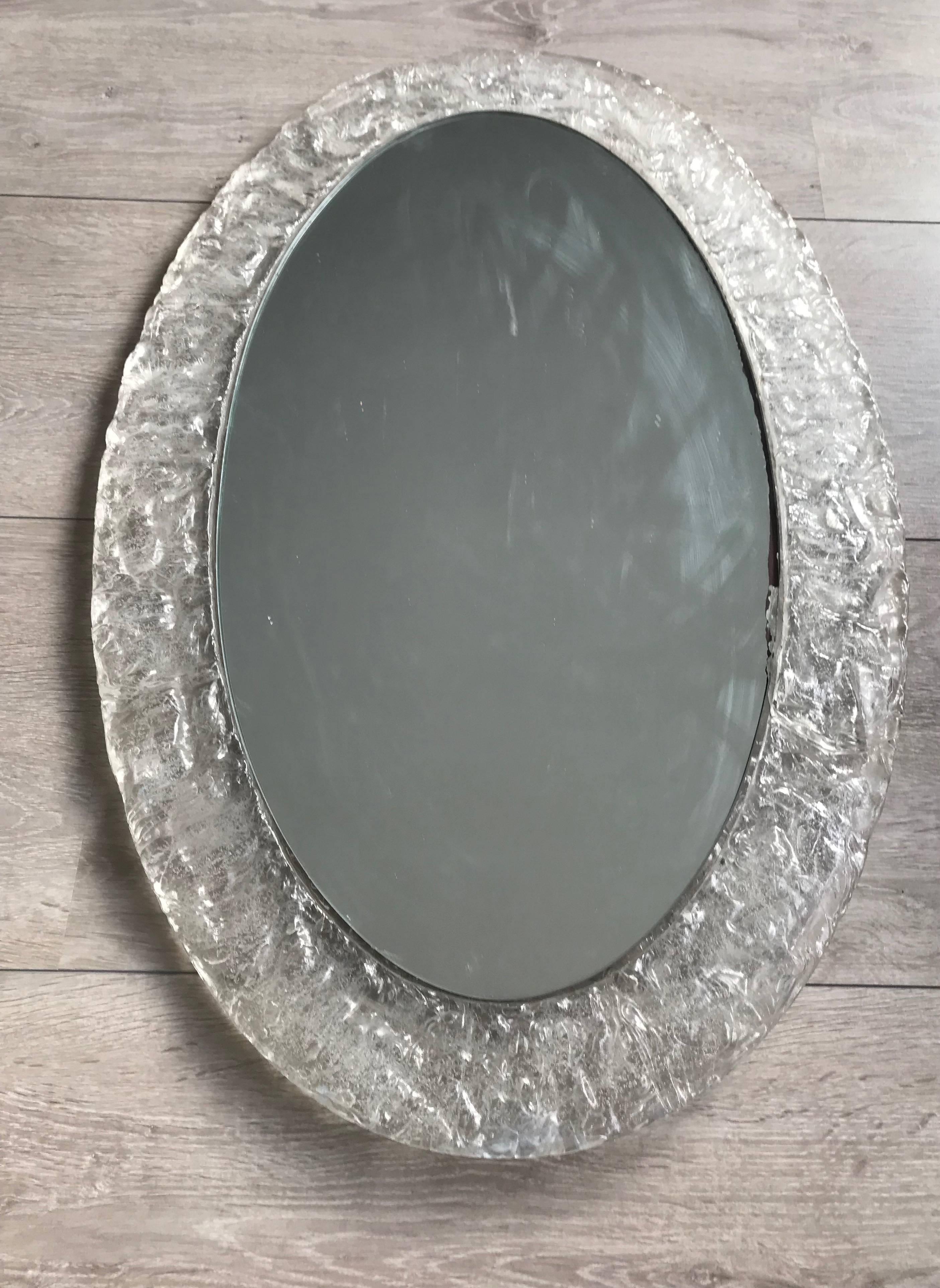 European Rare Midcentury Design Oval Mirror in Faux Glass Frame with Frosted Ice Pattern For Sale