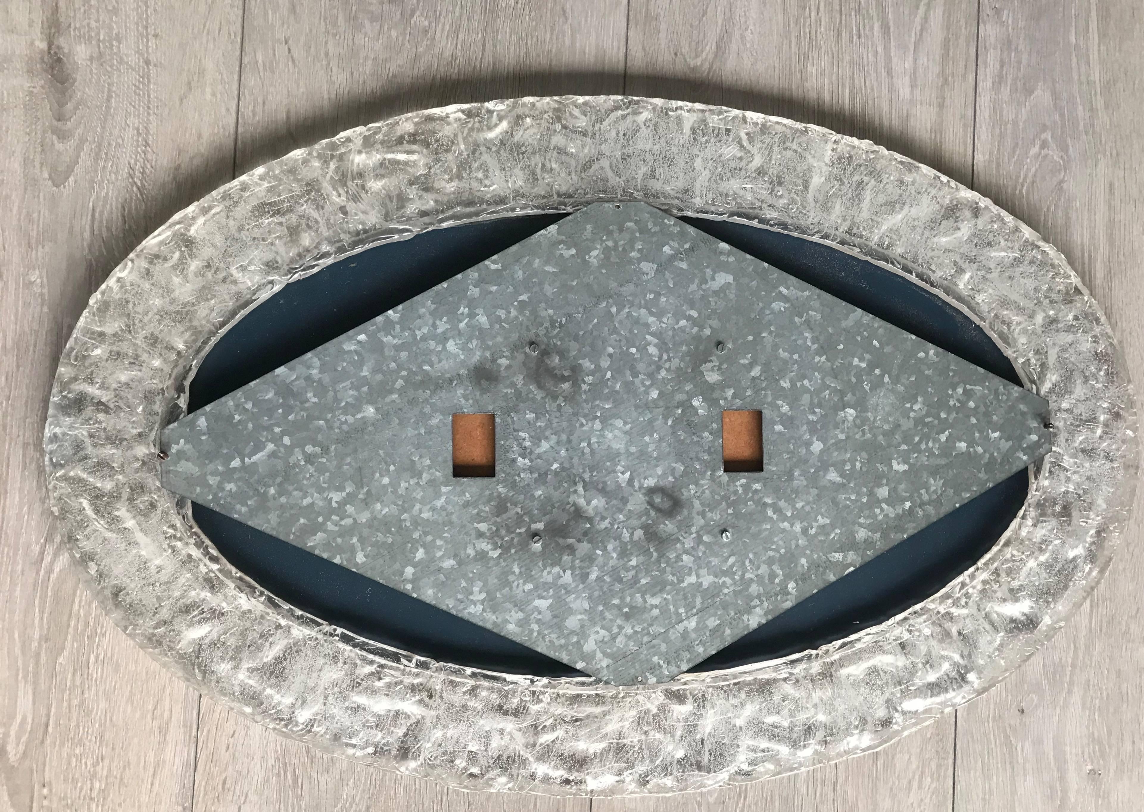 20th Century Rare Midcentury Design Oval Mirror in Faux Glass Frame with Frosted Ice Pattern For Sale