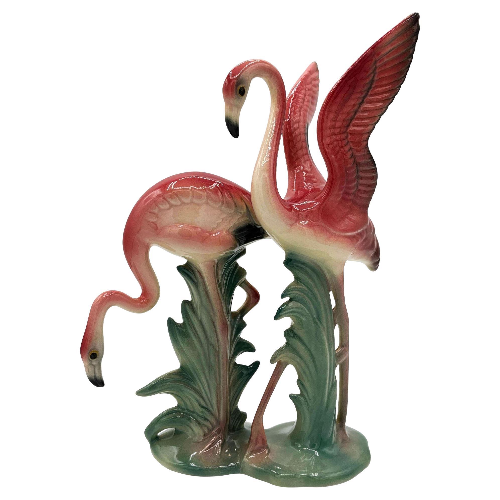 Rare Mid-Century Double Pink Flamingo Ceramic Tabletop Statue By Brad Keeler For Sale