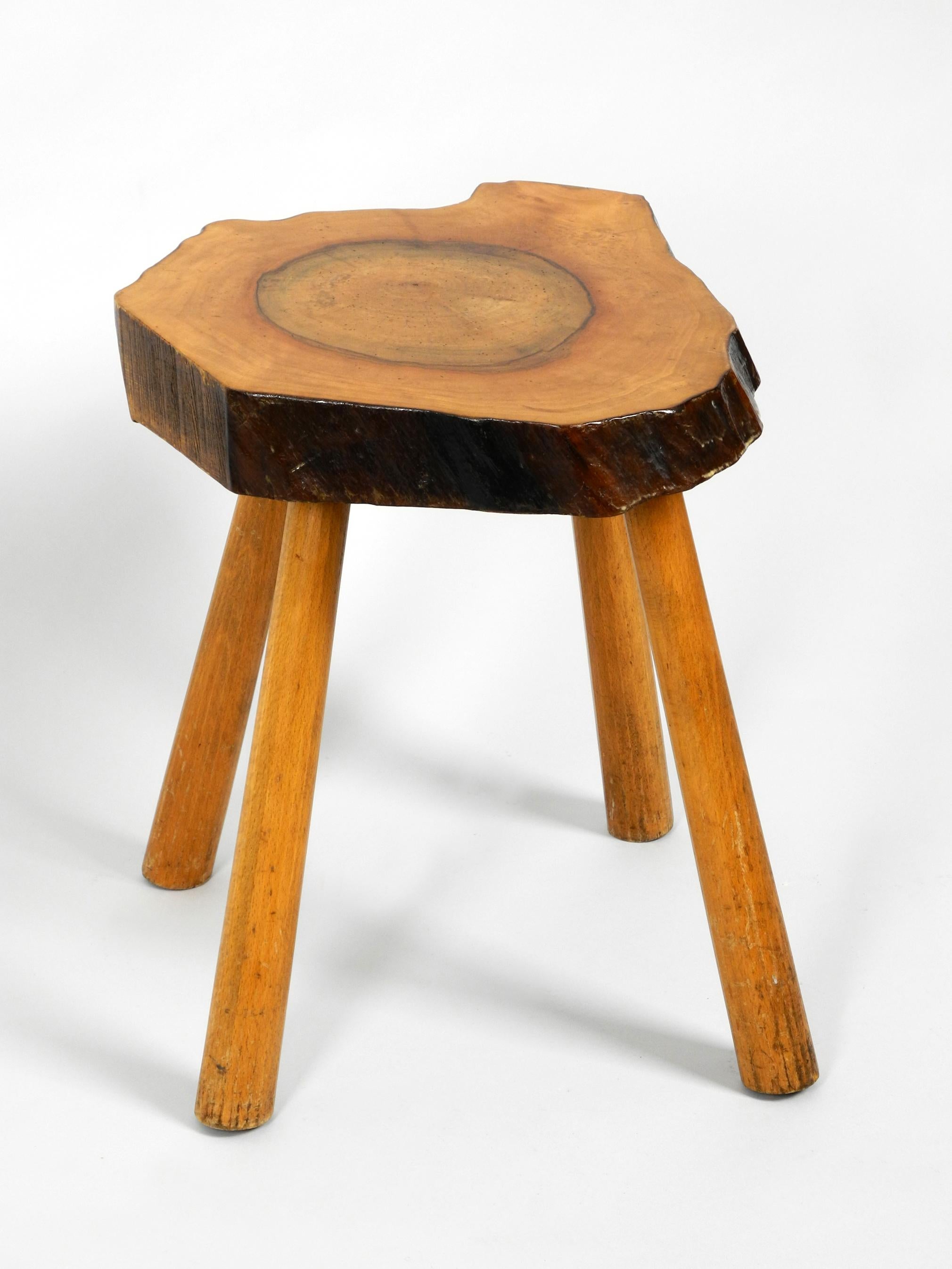 German Rare Midcentury Four-Legged Side Table Made of a Thick Tree Slice with Bark