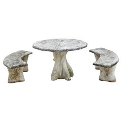 Rare Mid-Century French Faux Bois Garden Table and Two Curved Benches C1960