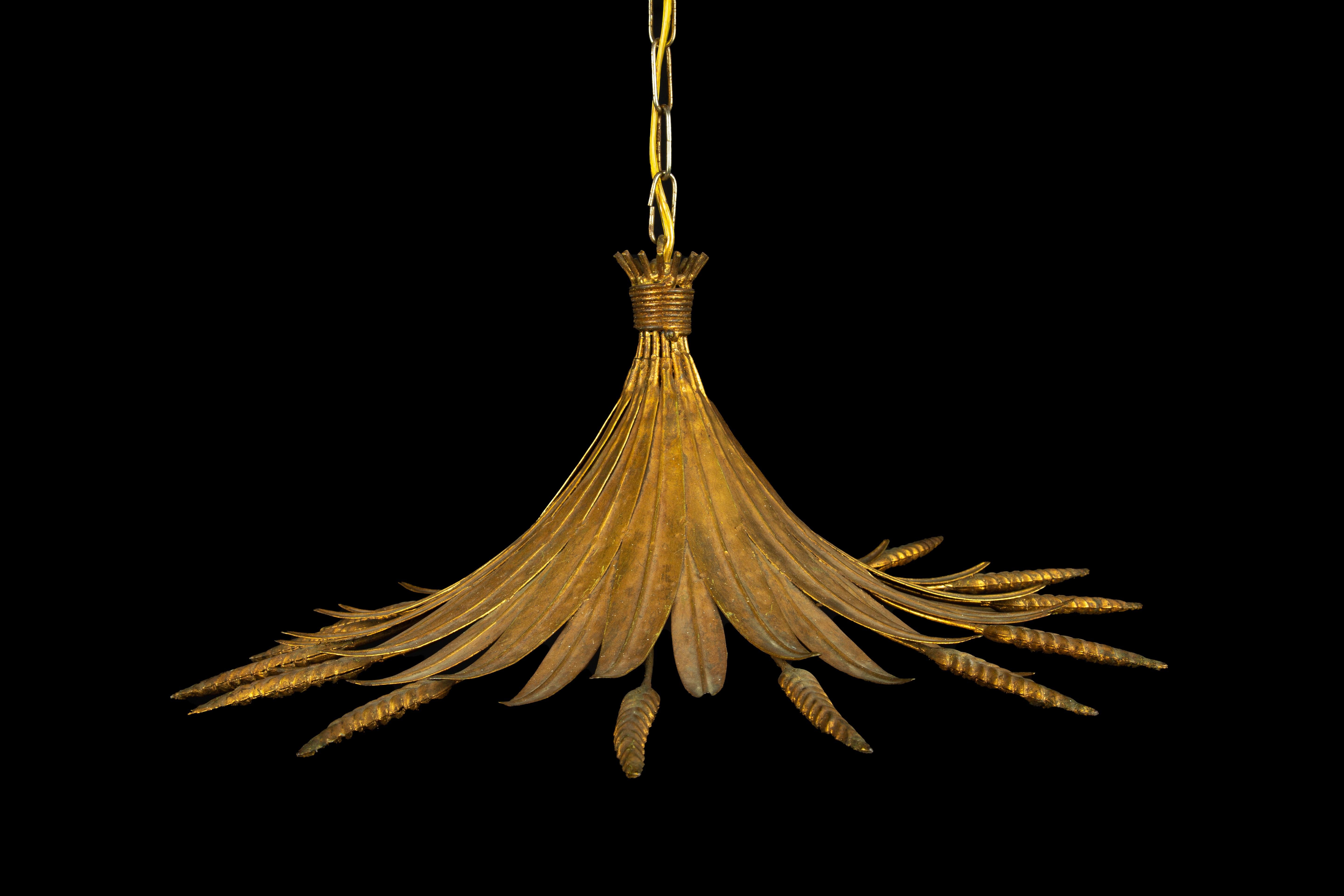 1950's French gilt metal wheat sheaf pendant light or chandelier. Well proportioned and beautifully gilt which was a firm favorite of Coco Chanel. 

Measures: 20.5