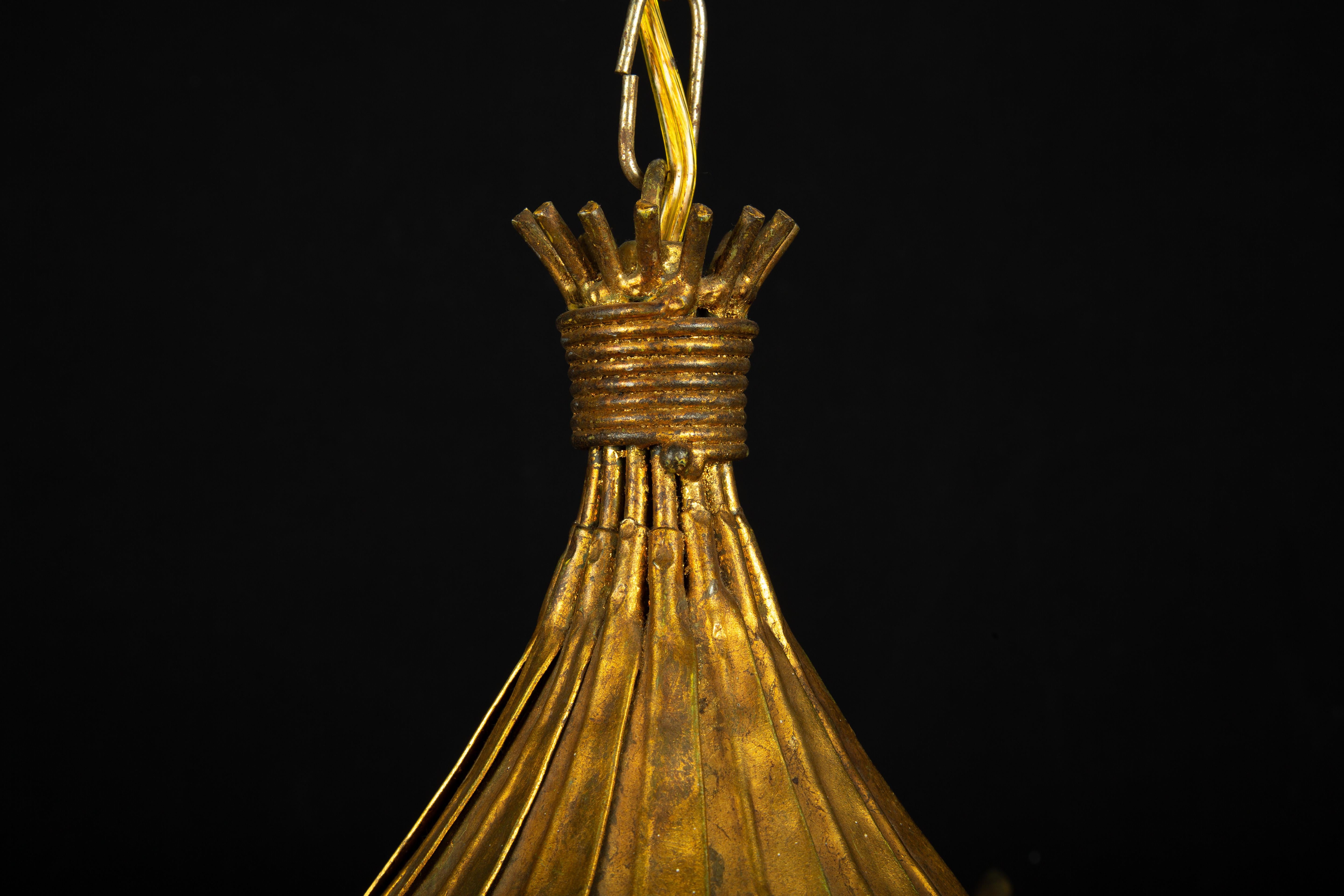 Rare Mid-Century French Gilt Metal Wheat Sheaf Chandelier In Excellent Condition In New York, NY