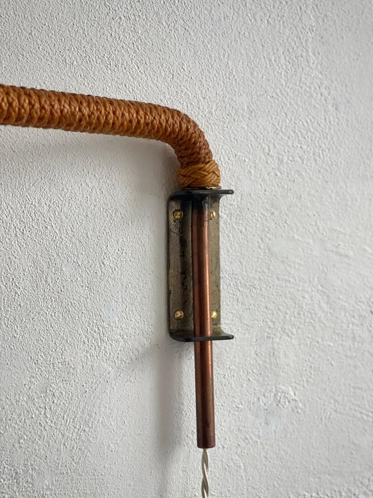 Hand-Crafted Rare Mid century French wall light in patinated rope, brass and copper. For Sale