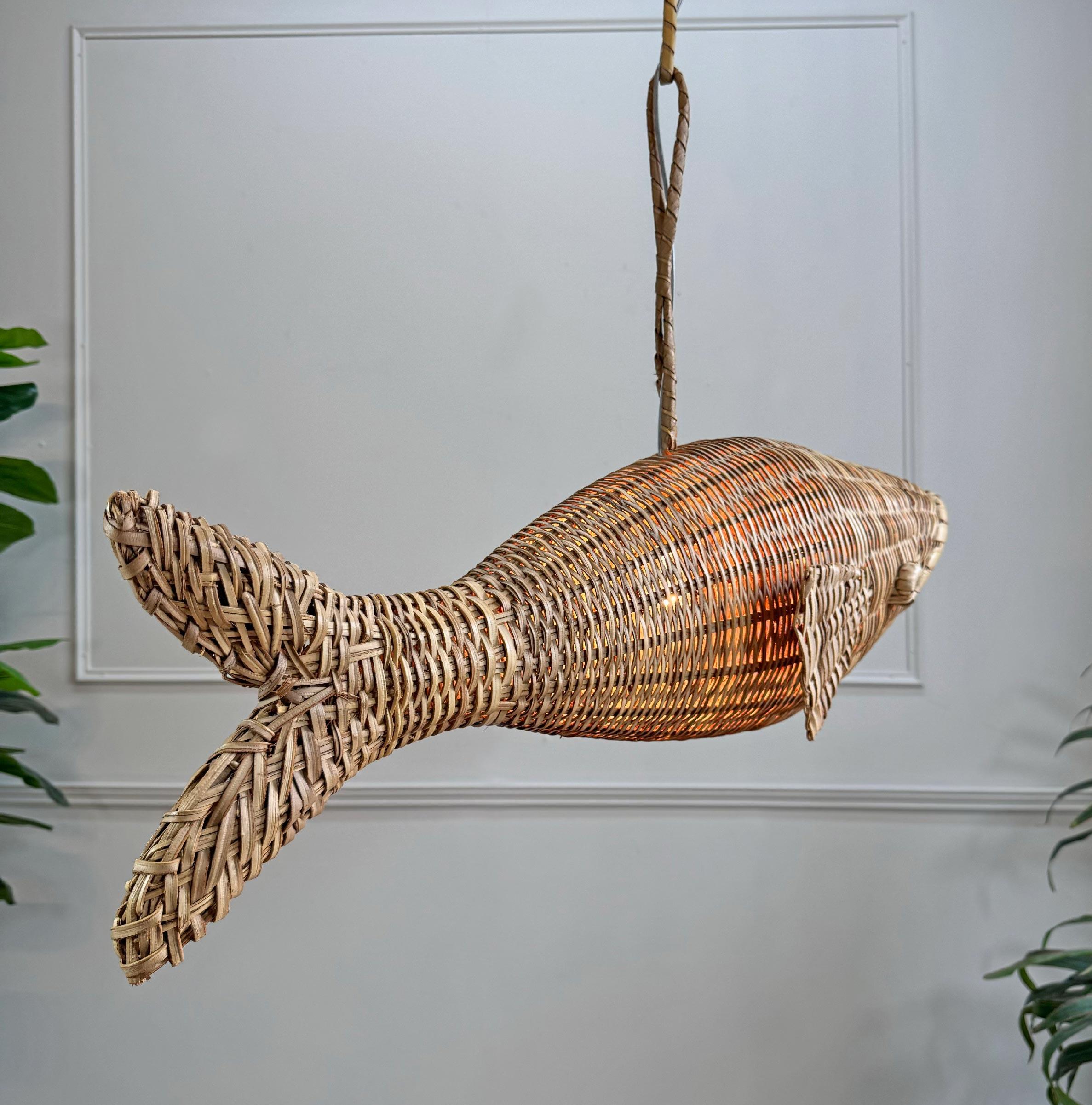 Rare Mid Century French Wicker Fish Ceiling Light 6