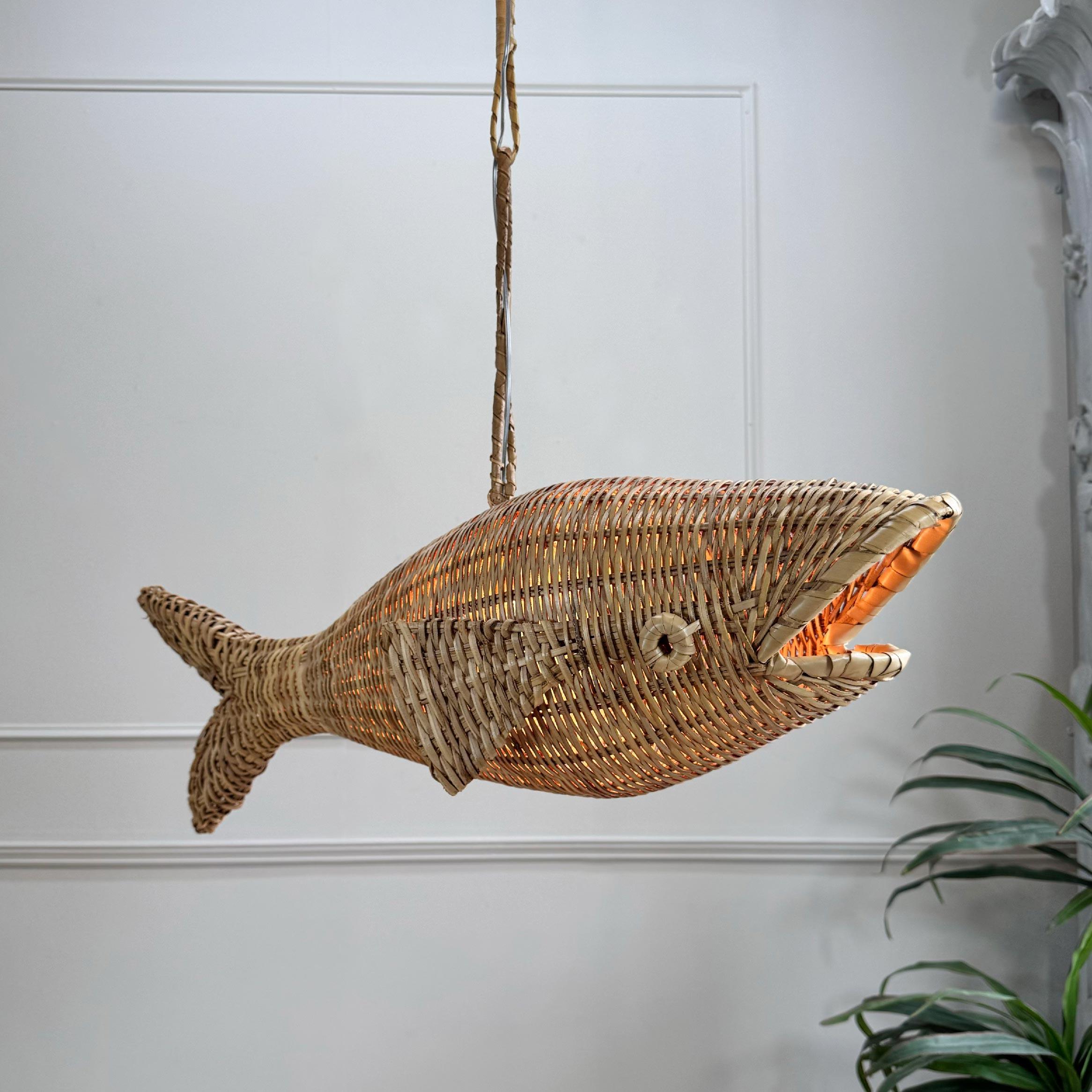 Rare Mid Century French Wicker Fish Ceiling Light 7