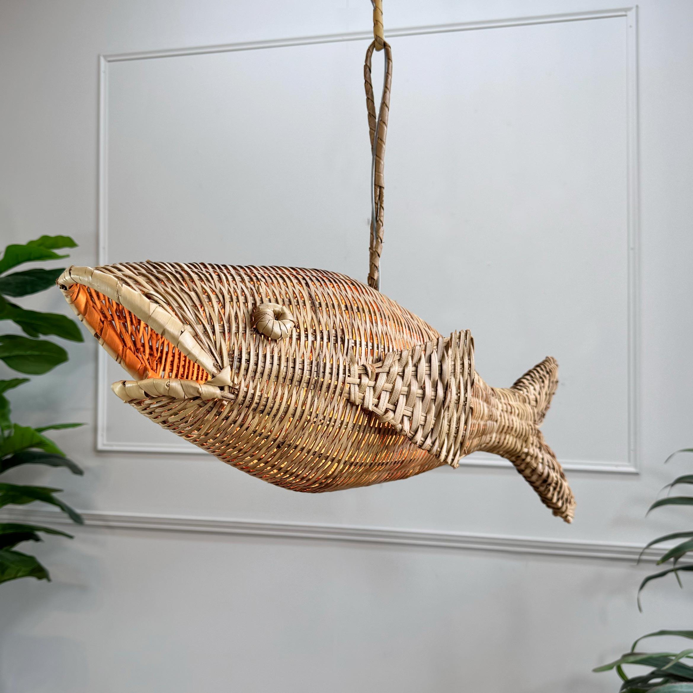 Rare Mid Century French Wicker Fish Ceiling Light 8