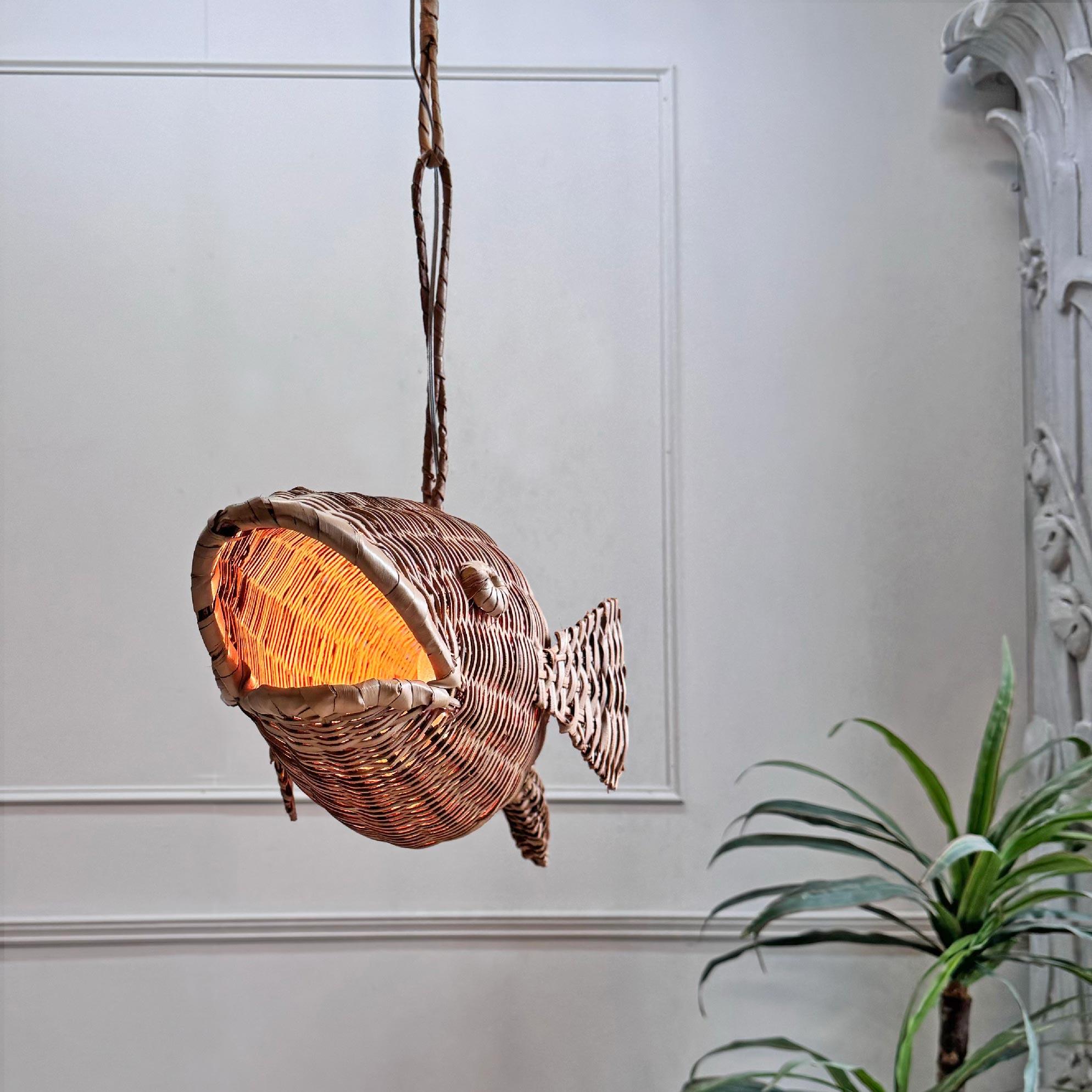 Rare Mid Century French Wicker Fish Ceiling Light 9